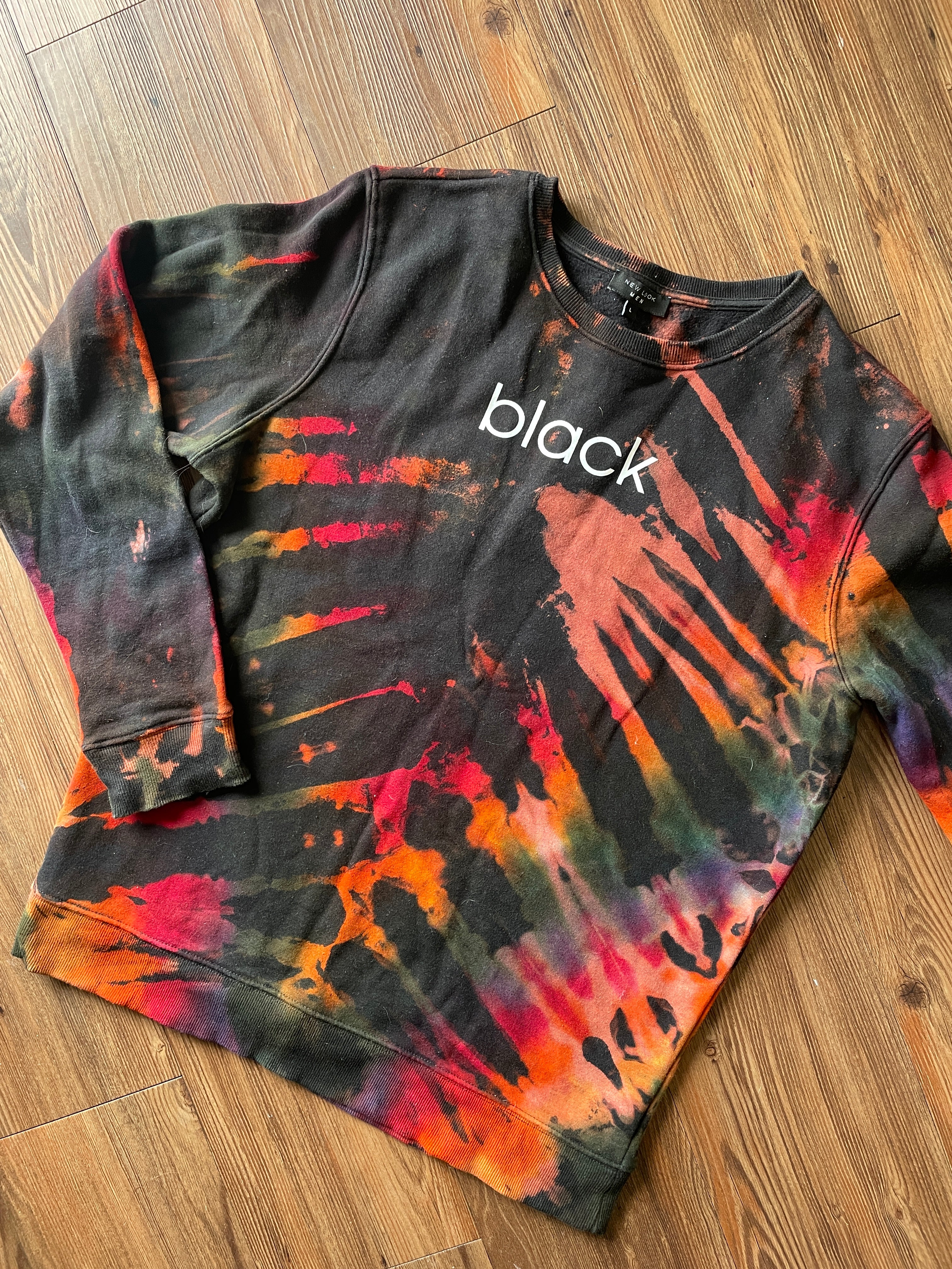 LARGE Men’s BLACK Tie Dye Crewneck Sweatshirt | Black and Rainbow Reverse Tie Dye Long Sleeve