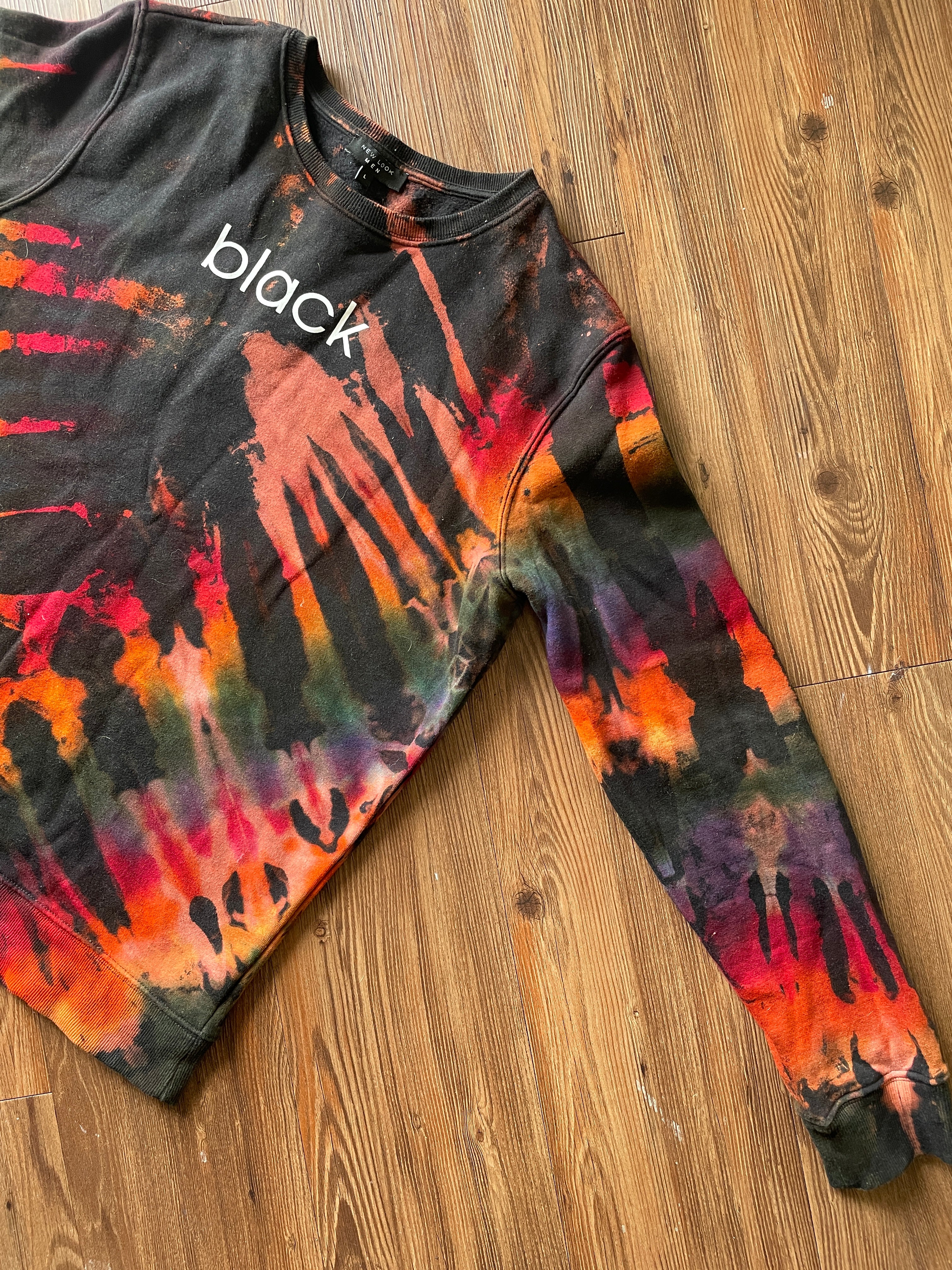 LARGE Men’s BLACK Tie Dye Crewneck Sweatshirt | Black and Rainbow Reverse Tie Dye Long Sleeve