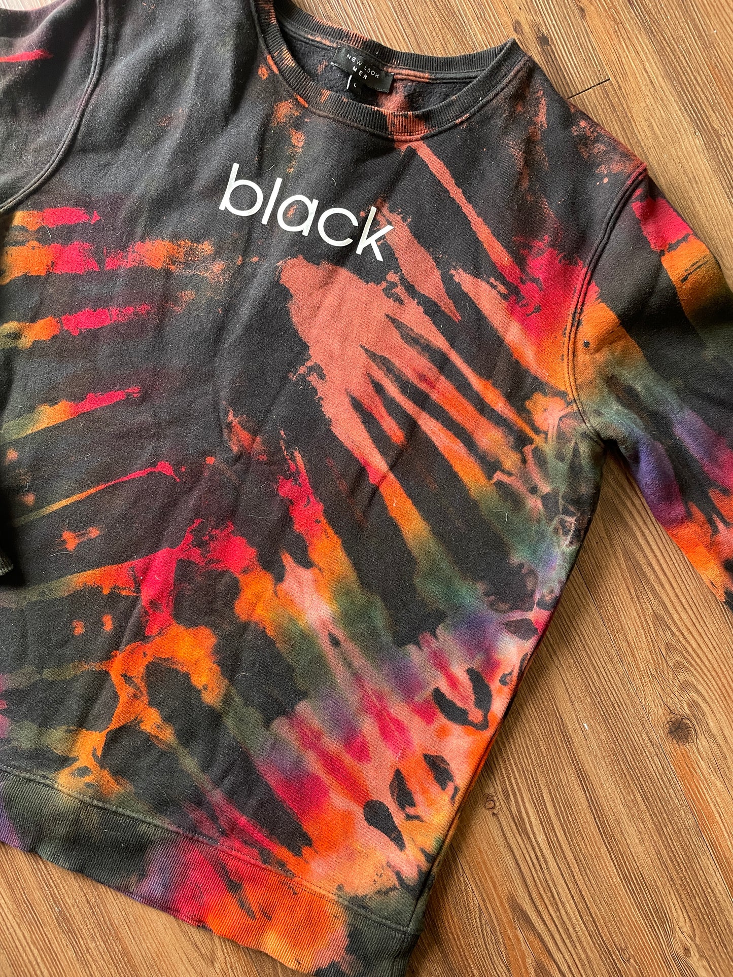 LARGE Men’s BLACK Tie Dye Crewneck Sweatshirt | Black and Rainbow Reverse Tie Dye Long Sleeve