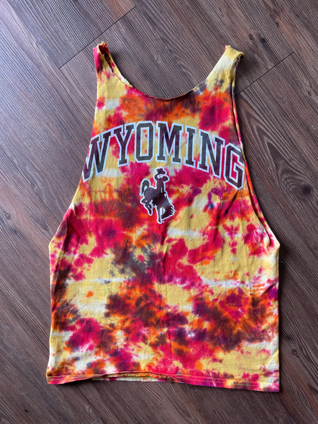 Small Men’s Wyoming Cowboys Tie Dye Cutoff Tank Top | Yellow and Red Tie Dye Sleeveless Shirt