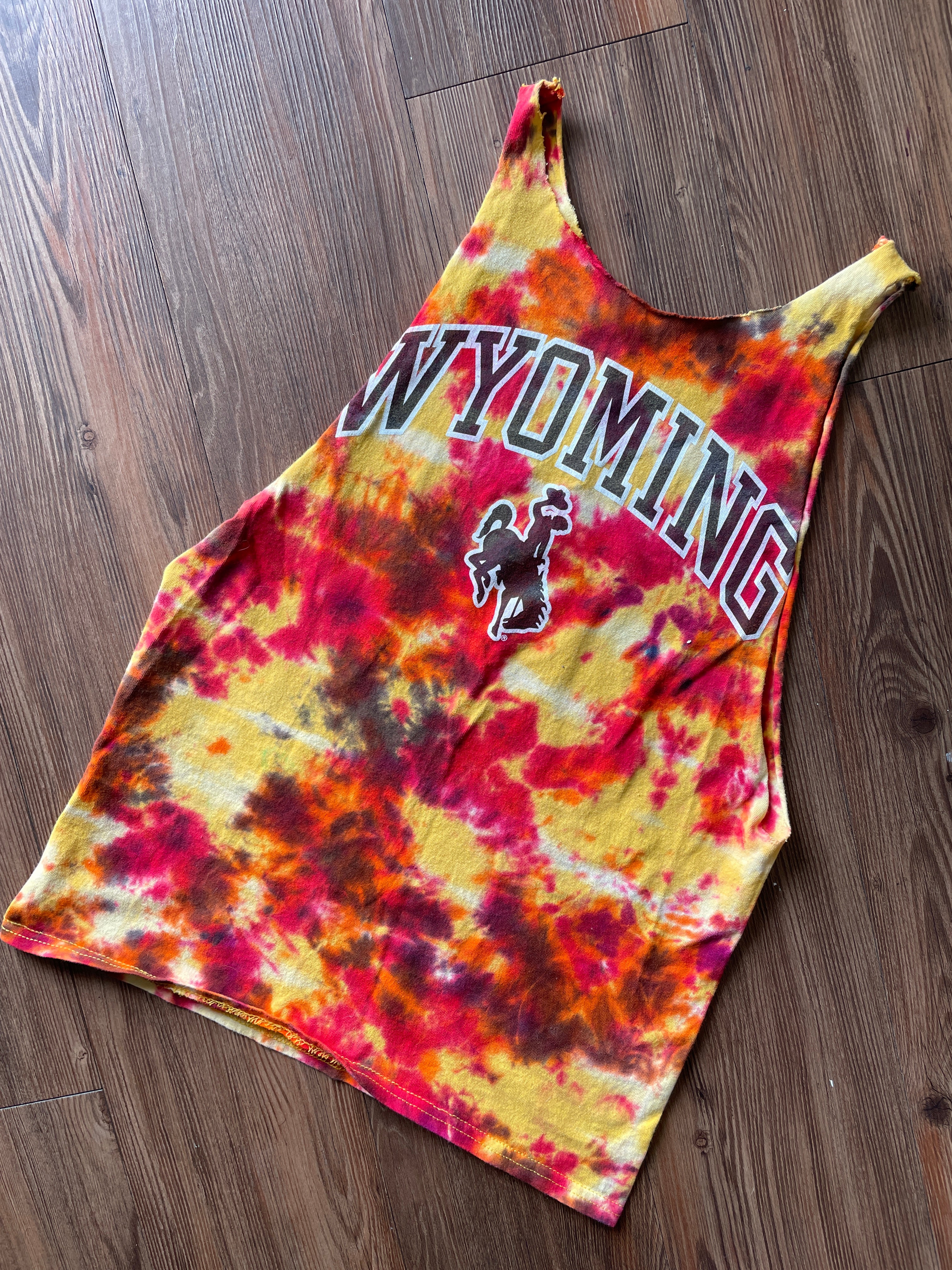 Small Men’s Wyoming Cowboys Tie Dye Cutoff Tank Top | Yellow and Red Tie Dye Sleeveless Shirt