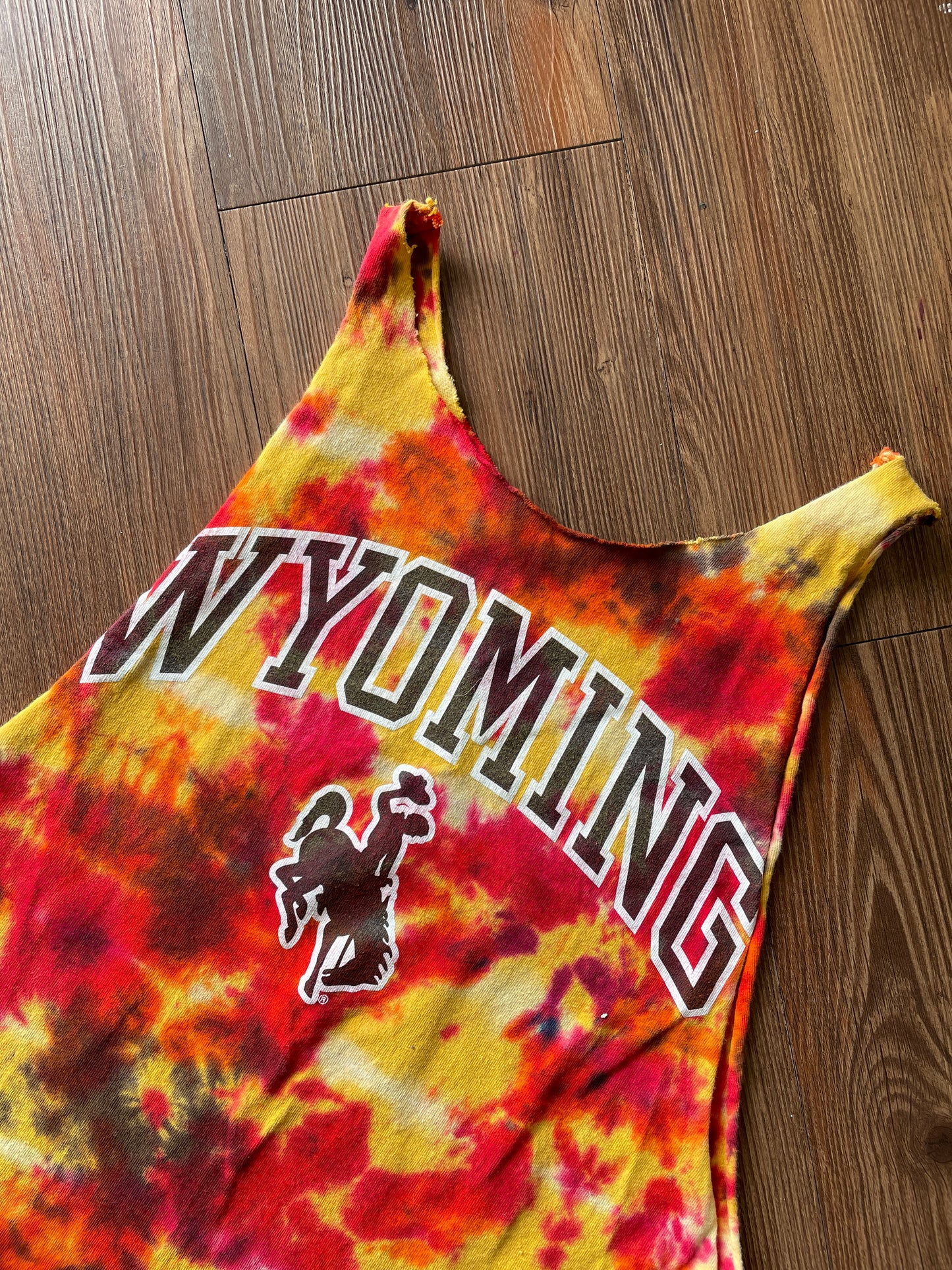Small Men’s Wyoming Cowboys Tie Dye Cutoff Tank Top | Yellow and Red Tie Dye Sleeveless Shirt
