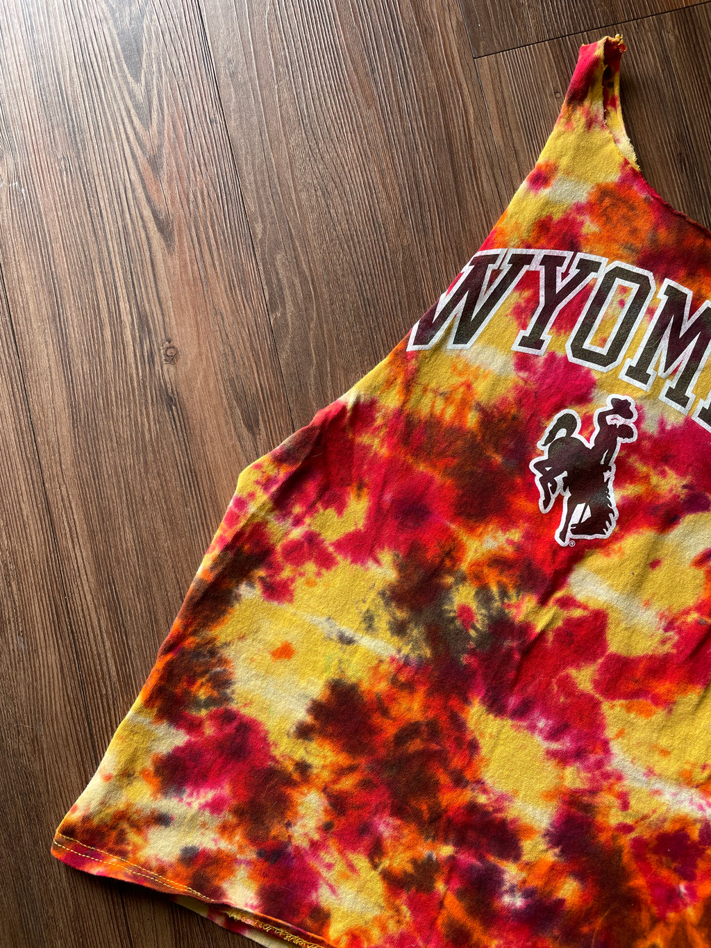 Small Men’s Wyoming Cowboys Tie Dye Cutoff Tank Top | Yellow and Red Tie Dye Sleeveless Shirt