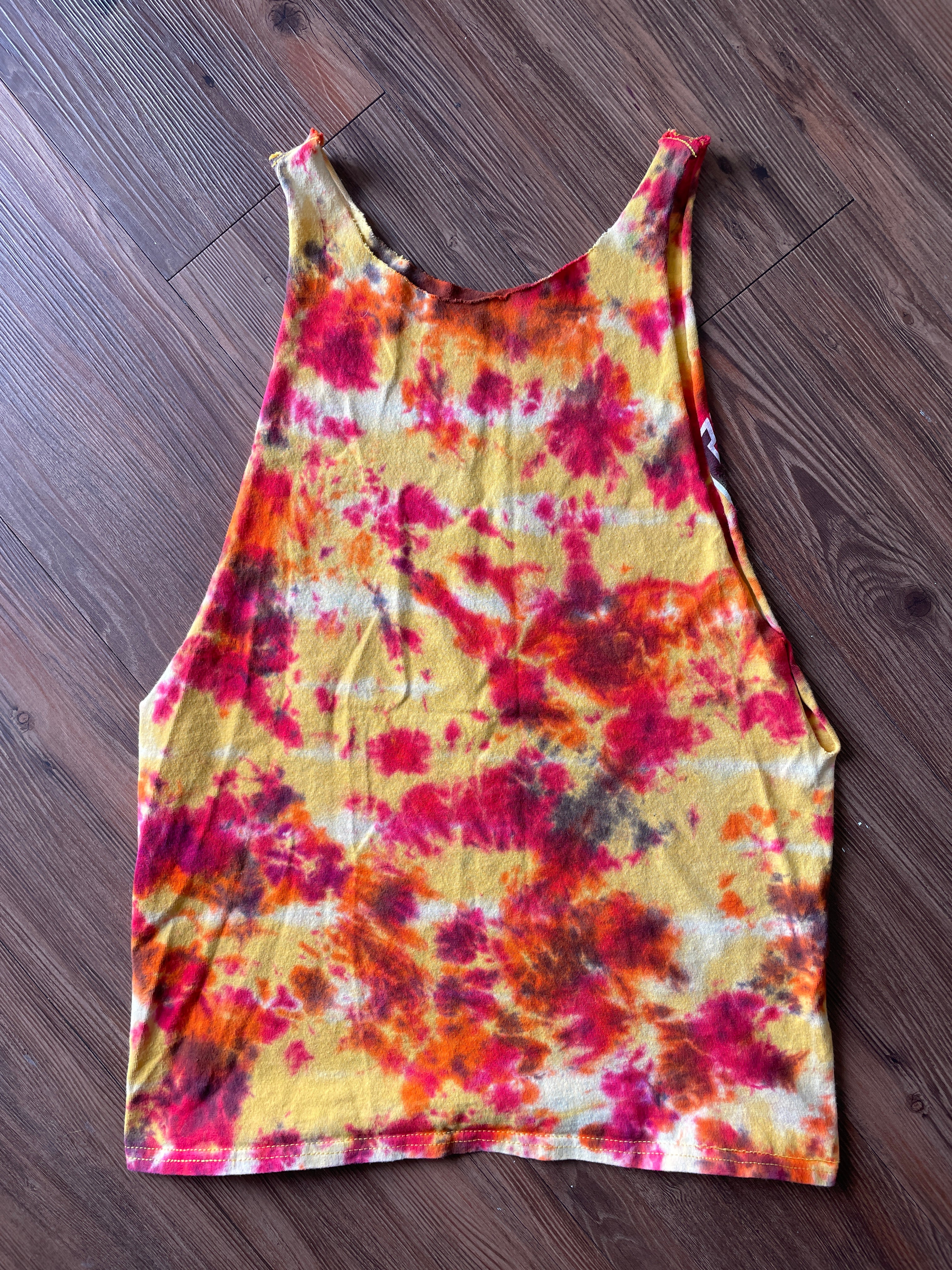 Small Men’s Wyoming Cowboys Tie Dye Cutoff Tank Top | Yellow and Red Tie Dye Sleeveless Shirt