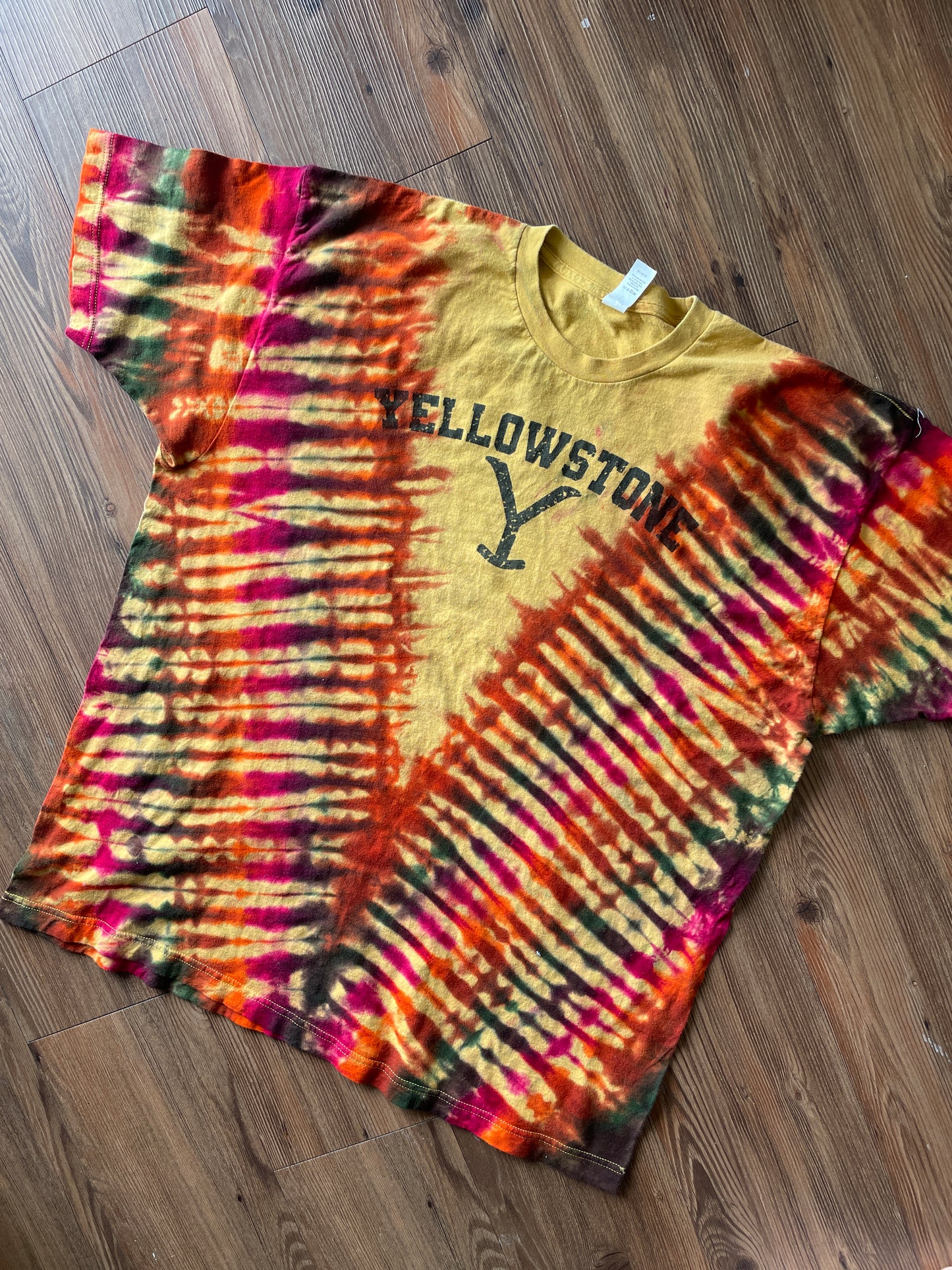 2XL Men’s Yellowstone Ranch Tie Dye T-Shirt | Yellow and Orange Dutton Ranch Montana Reverse Tie Dye Short Sleeve