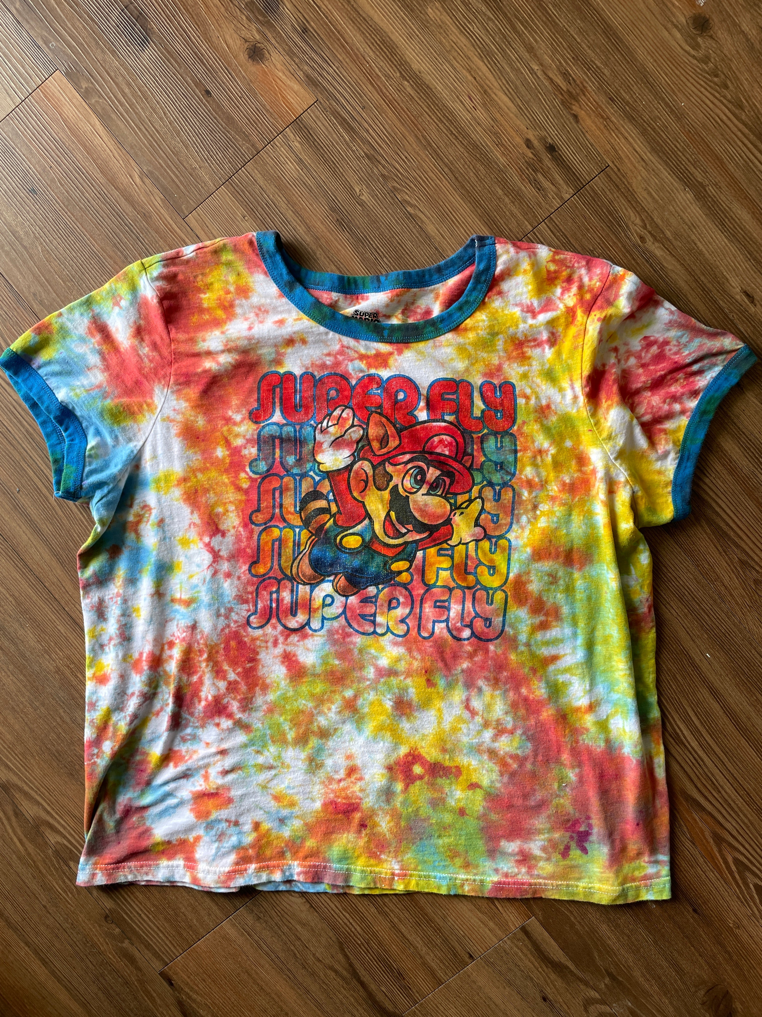 2XL Men’s Super Mario Super Fly Tie Dye T-Shirt | Rainbow Crumpled Tie Dye Short Sleeve