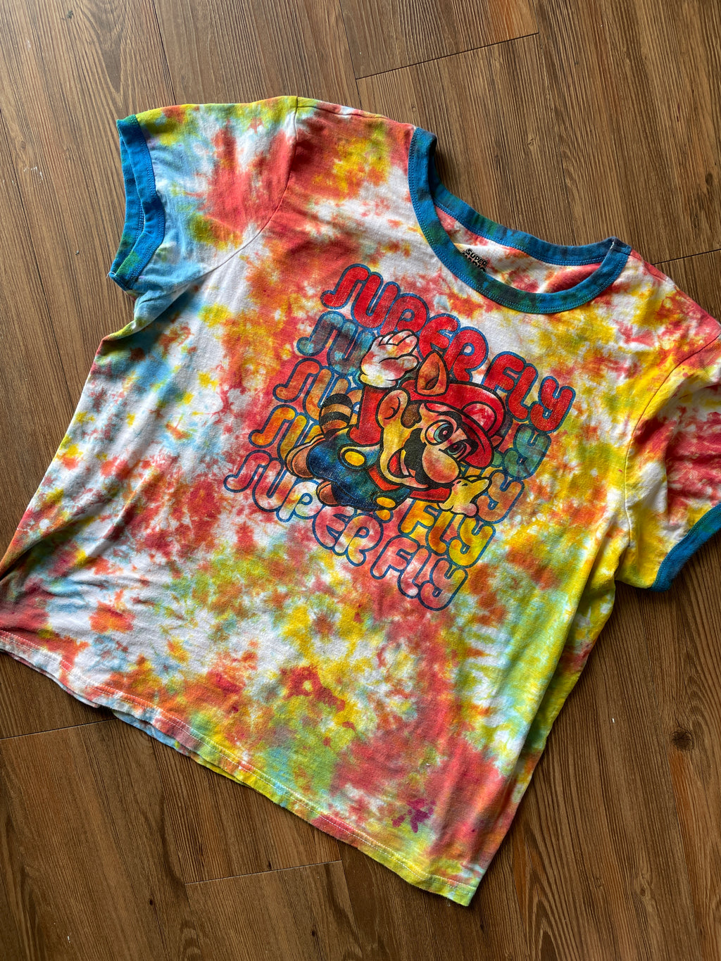 2XL Men’s Super Mario Super Fly Tie Dye T-Shirt | Rainbow Crumpled Tie Dye Short Sleeve