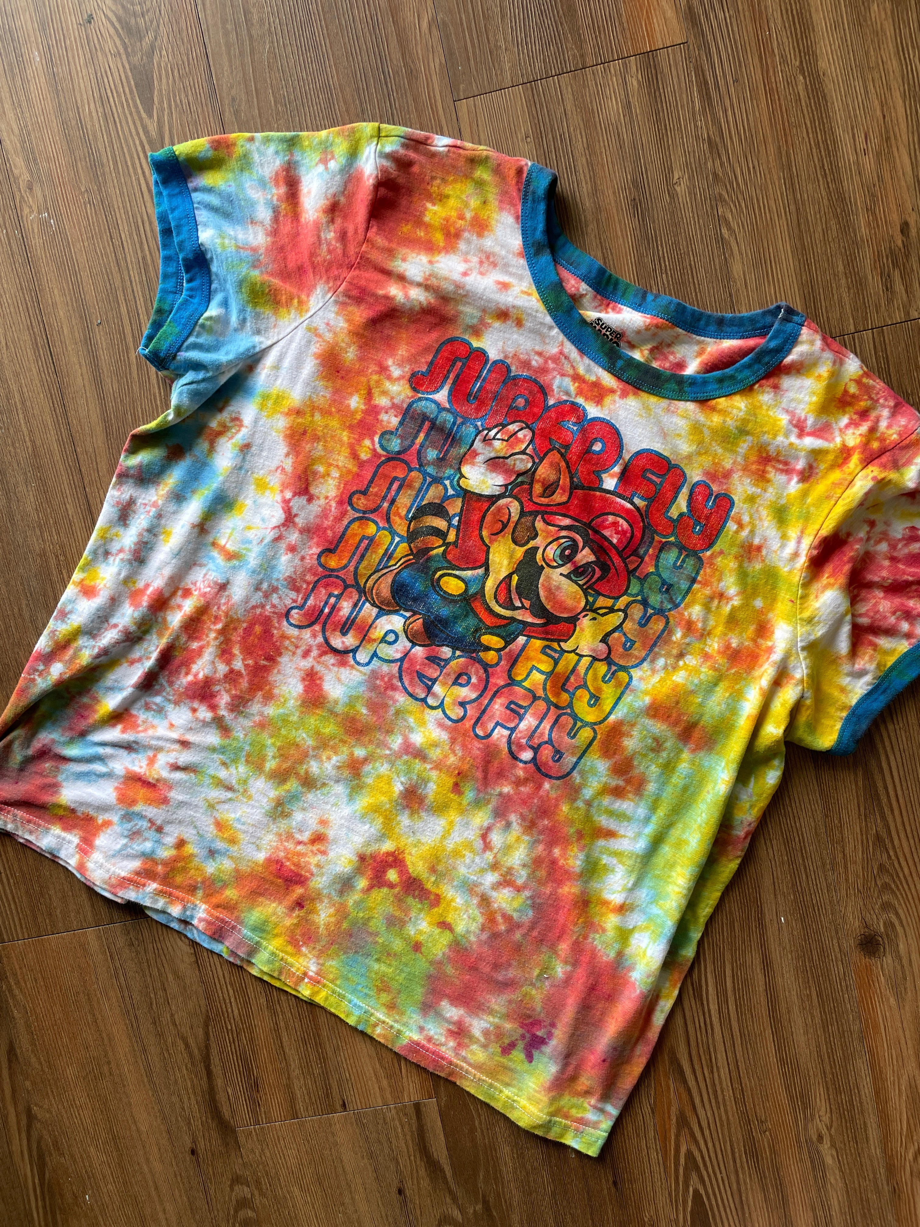 2XL Men’s Super Mario Super Fly Tie Dye T-Shirt | Rainbow Crumpled Tie Dye Short Sleeve