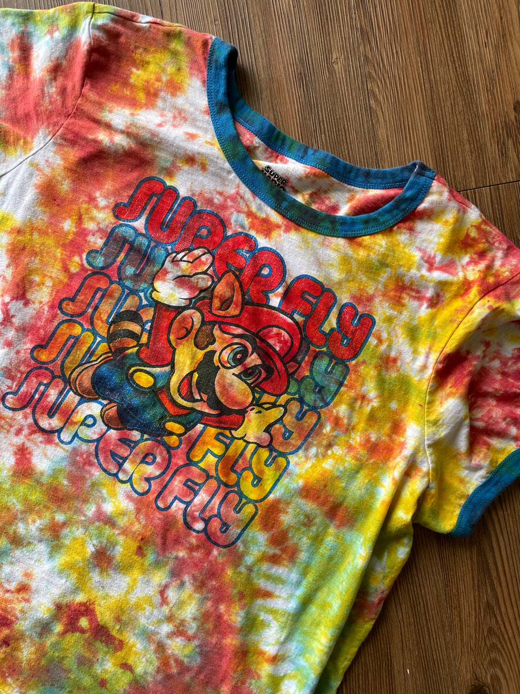 2XL Men’s Super Mario Super Fly Tie Dye T-Shirt | Rainbow Crumpled Tie Dye Short Sleeve