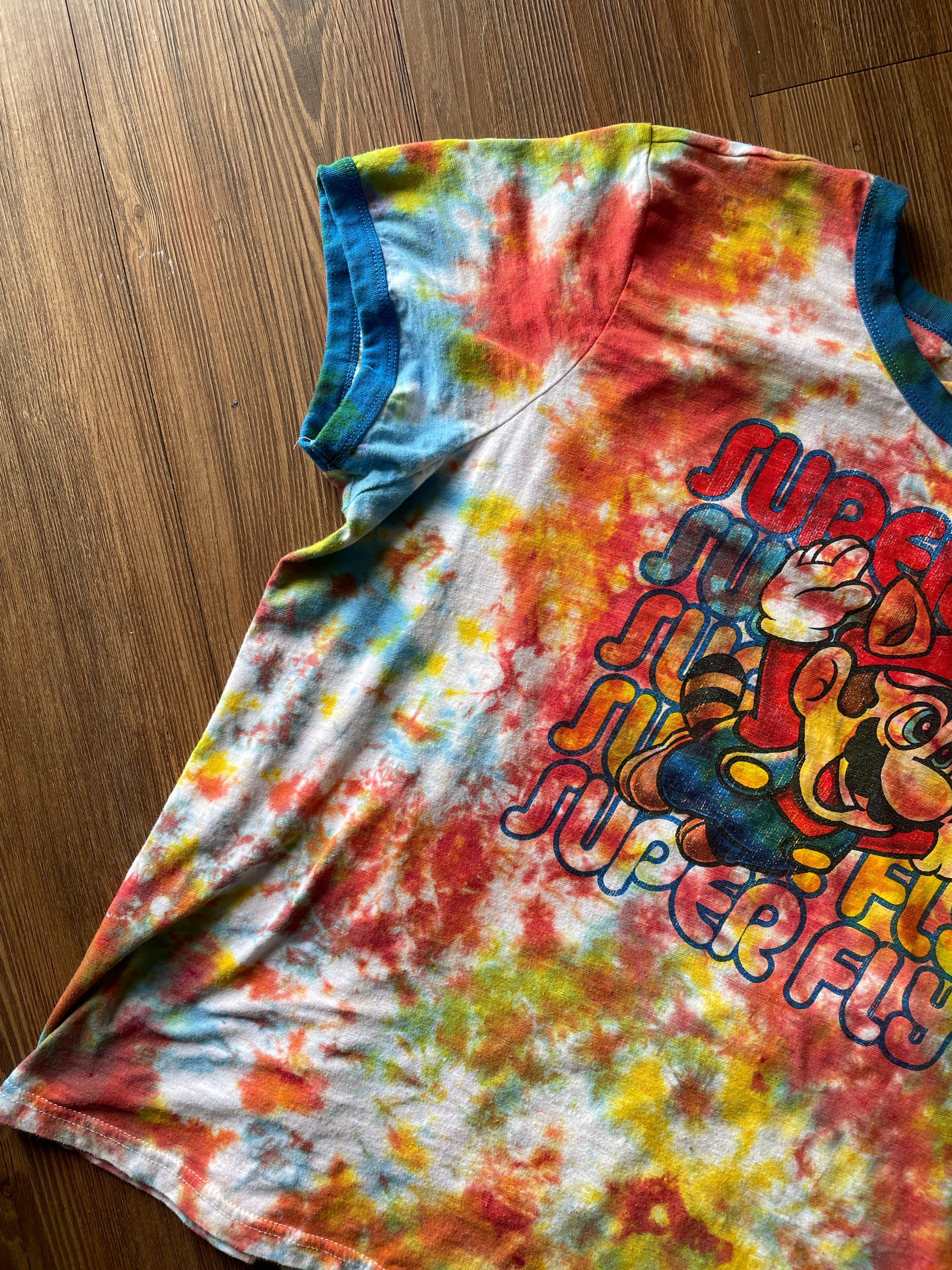 2XL Men’s Super Mario Super Fly Tie Dye T-Shirt | Rainbow Crumpled Tie Dye Short Sleeve