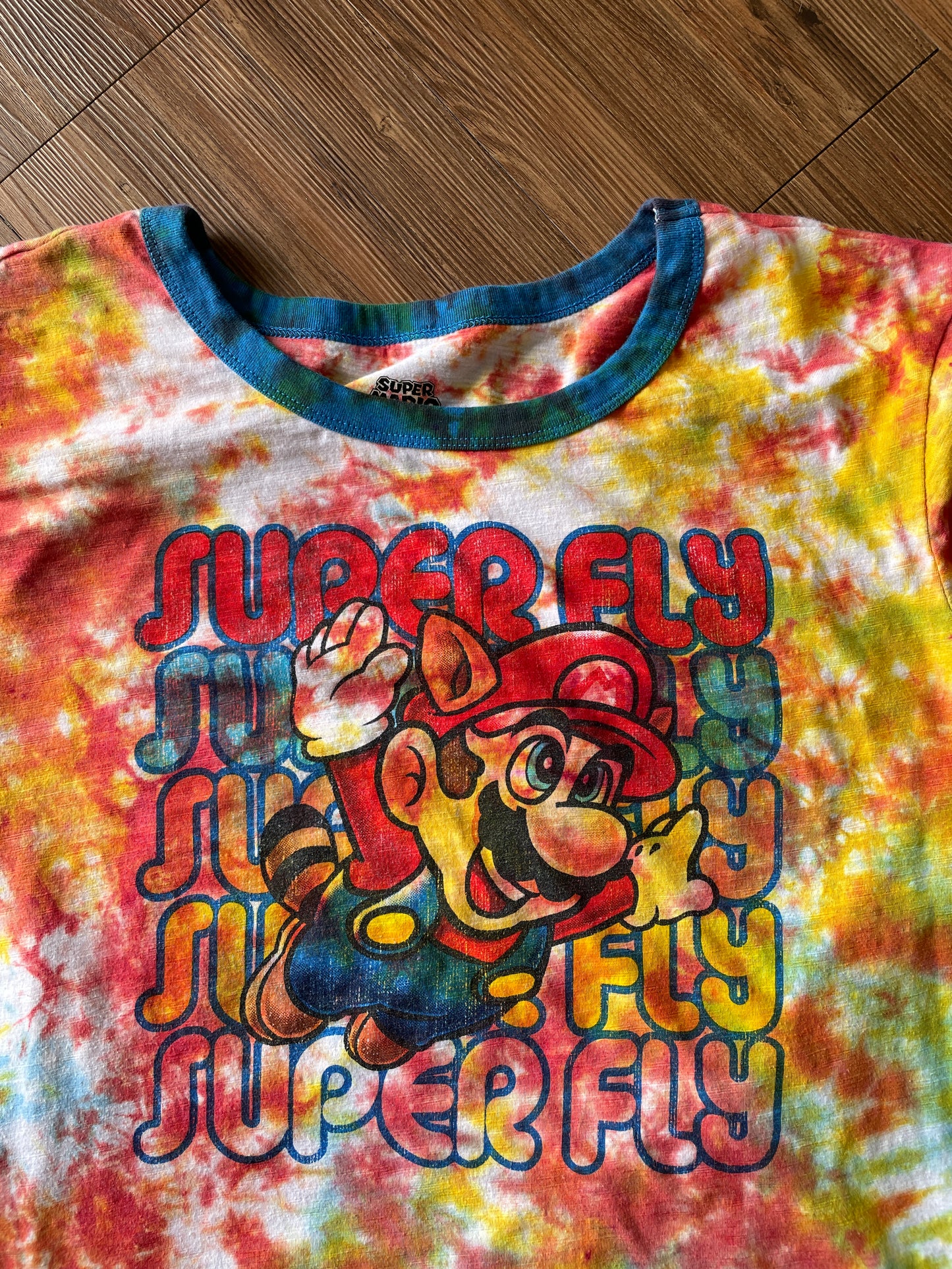 2XL Men’s Super Mario Super Fly Tie Dye T-Shirt | Rainbow Crumpled Tie Dye Short Sleeve