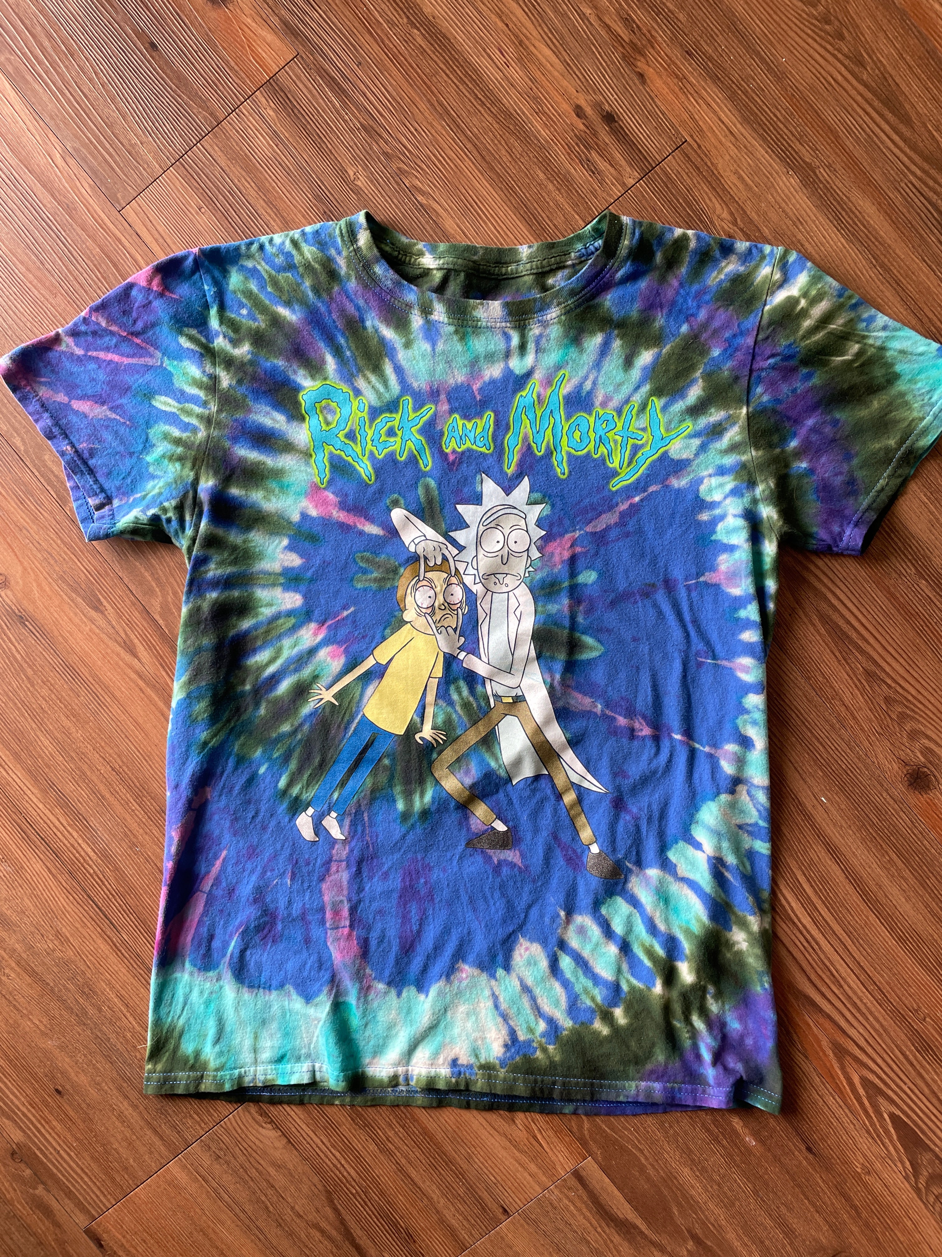 MEDIUM Men’s Rick and Morty Tie Dye T-Shirt | Blue and Green Open Your Eyes Morty Spiral Reverse Tie Dye Short Sleeve