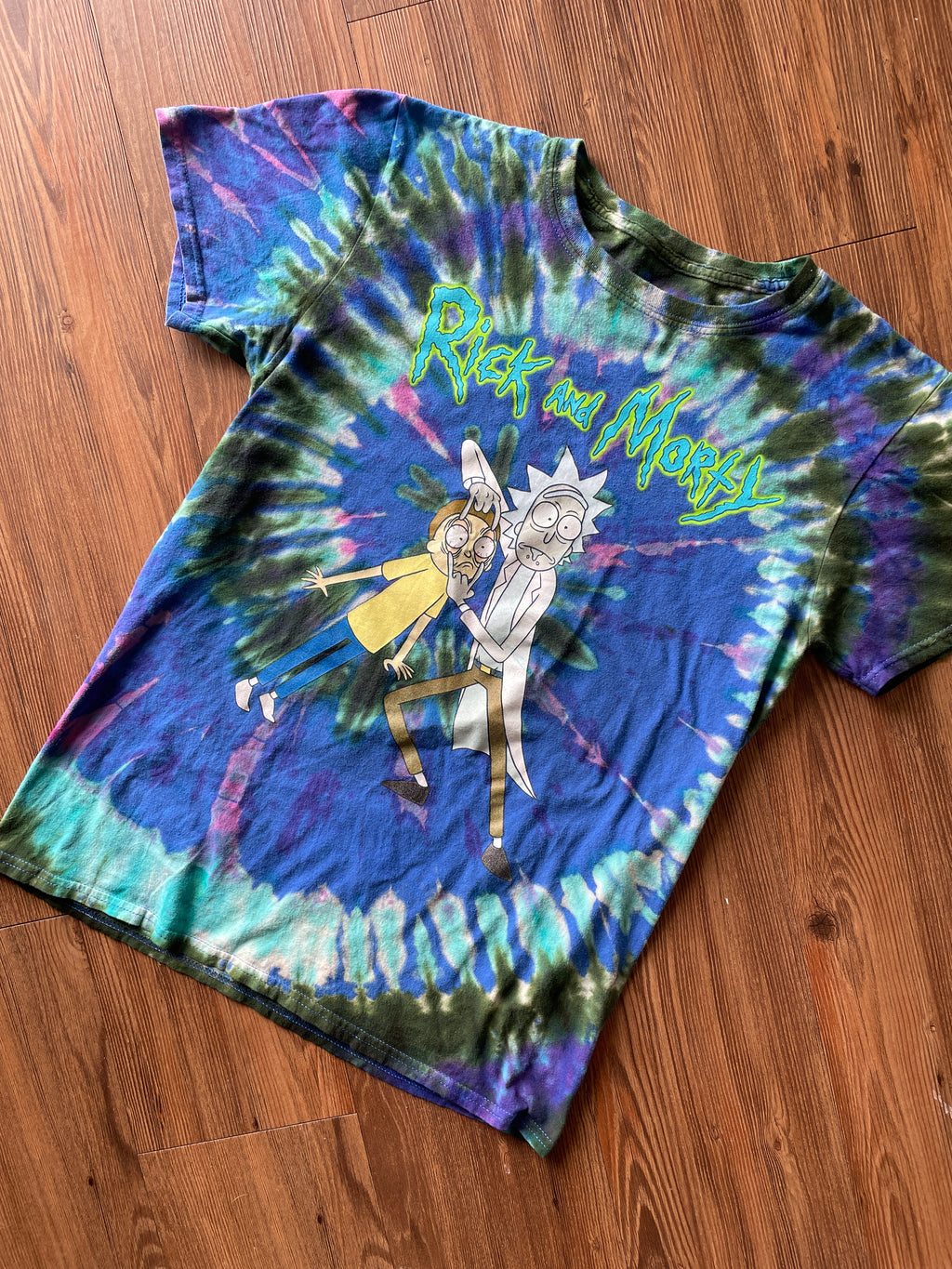 MEDIUM Men’s Rick and Morty Tie Dye T-Shirt | Blue and Green Open Your Eyes Morty Spiral Reverse Tie Dye Short Sleeve