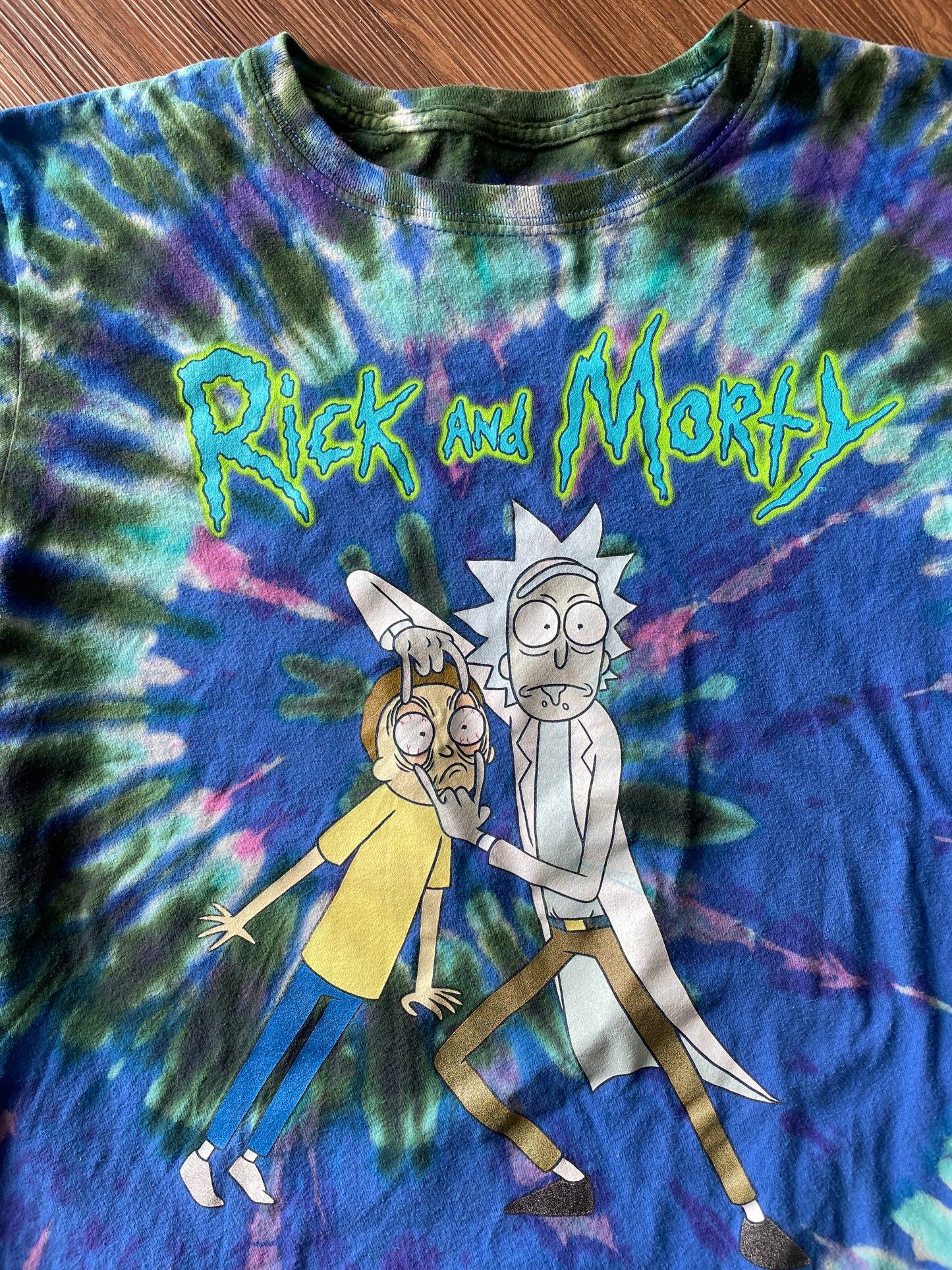 MEDIUM Men’s Rick and Morty Tie Dye T-Shirt | Blue and Green Open Your Eyes Morty Spiral Reverse Tie Dye Short Sleeve