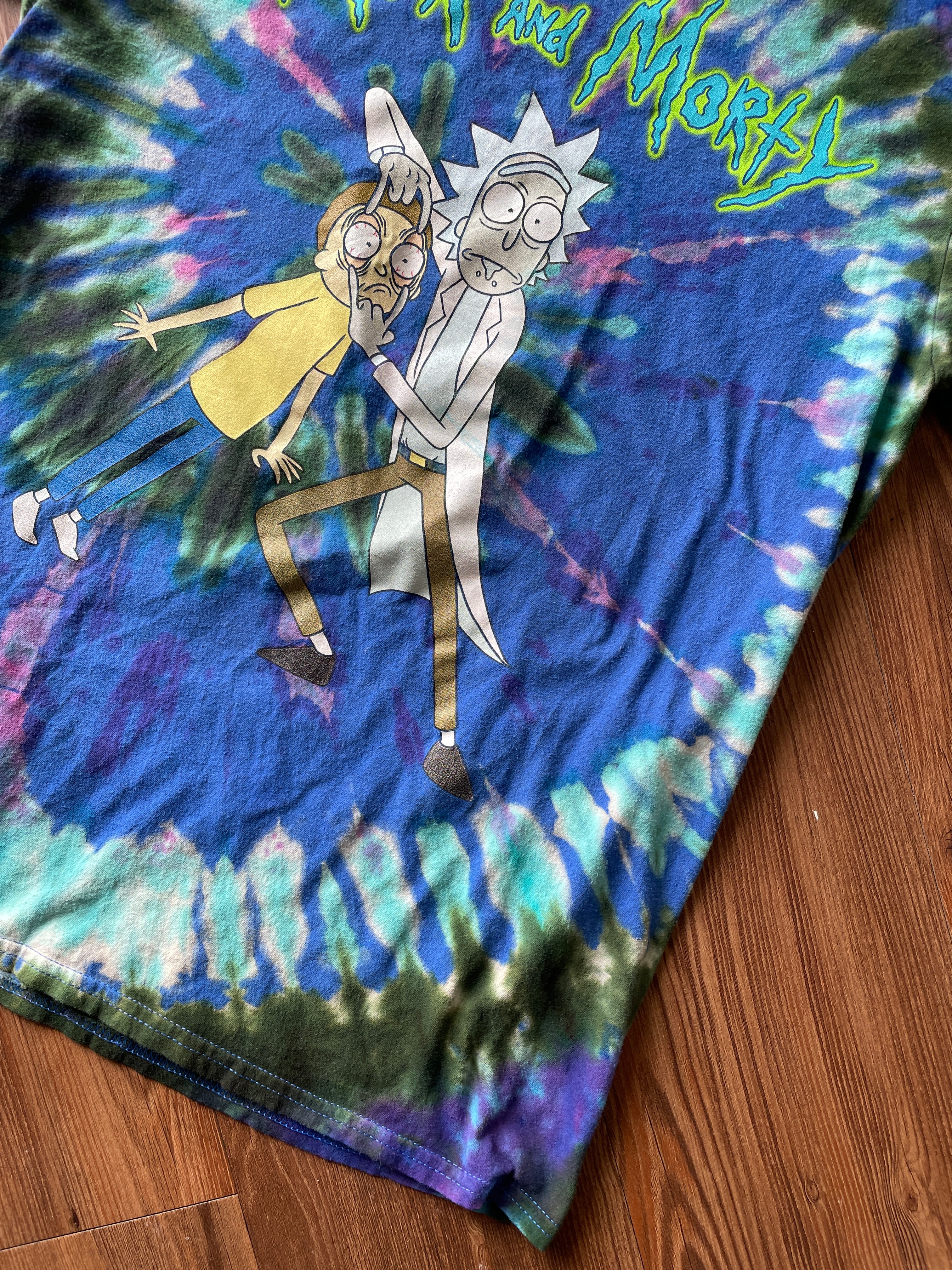 MEDIUM Men’s Rick and Morty Tie Dye T-Shirt | Blue and Green Open Your Eyes Morty Spiral Reverse Tie Dye Short Sleeve