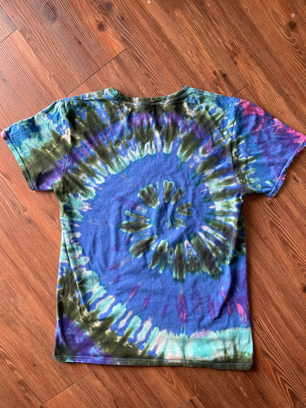 MEDIUM Men’s Rick and Morty Tie Dye T-Shirt | Blue and Green Open Your Eyes Morty Spiral Reverse Tie Dye Short Sleeve