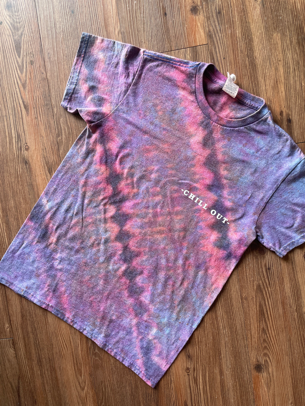 Small Men’s Chill Out Handmade Tie Dye T-Shirt | Blue, Purple, and Black Pleated Tie Dye Short Sleeve