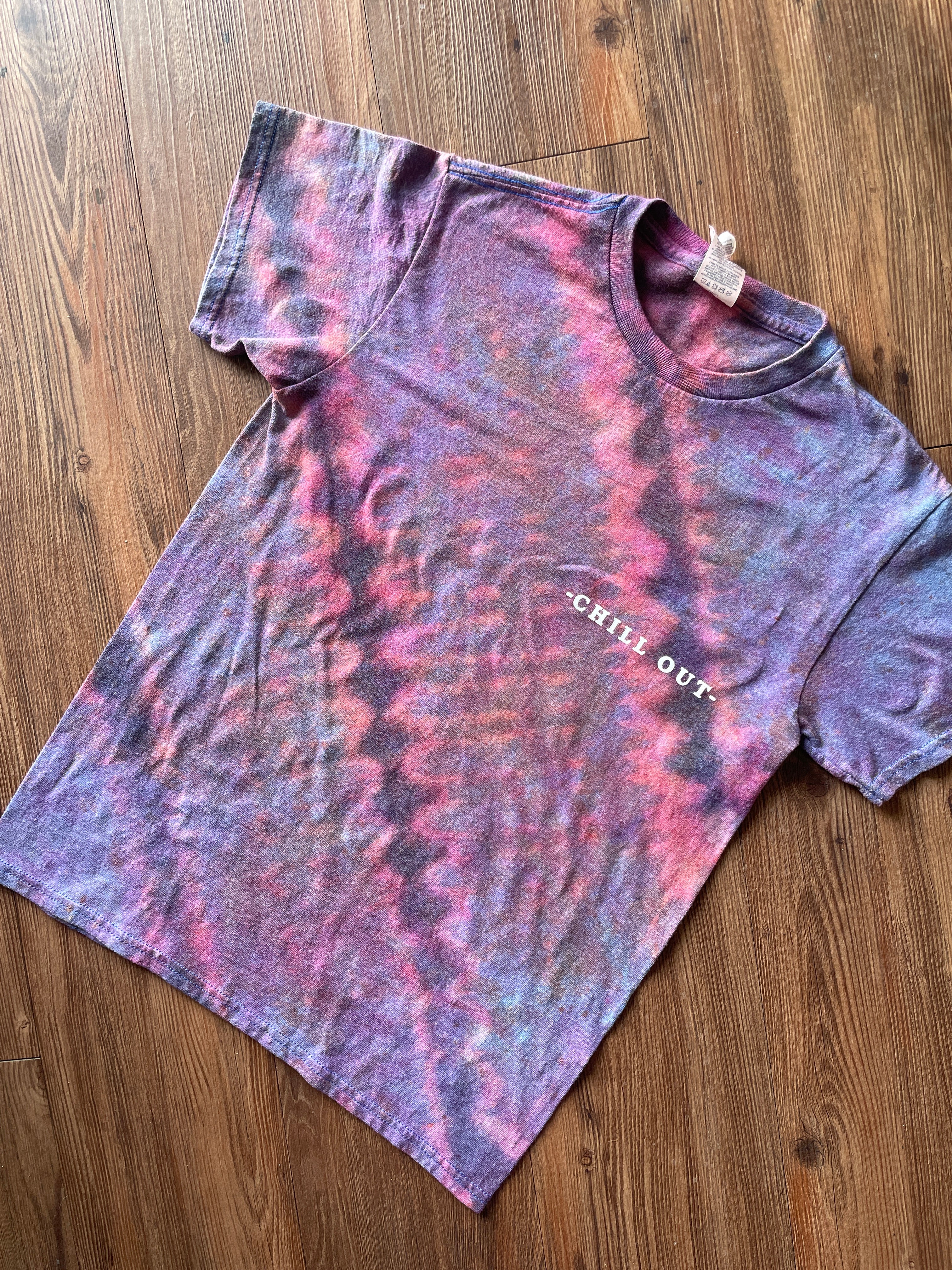 Small Men’s Chill Out Handmade Tie Dye T-Shirt | Blue, Purple, and Black Pleated Tie Dye Short Sleeve