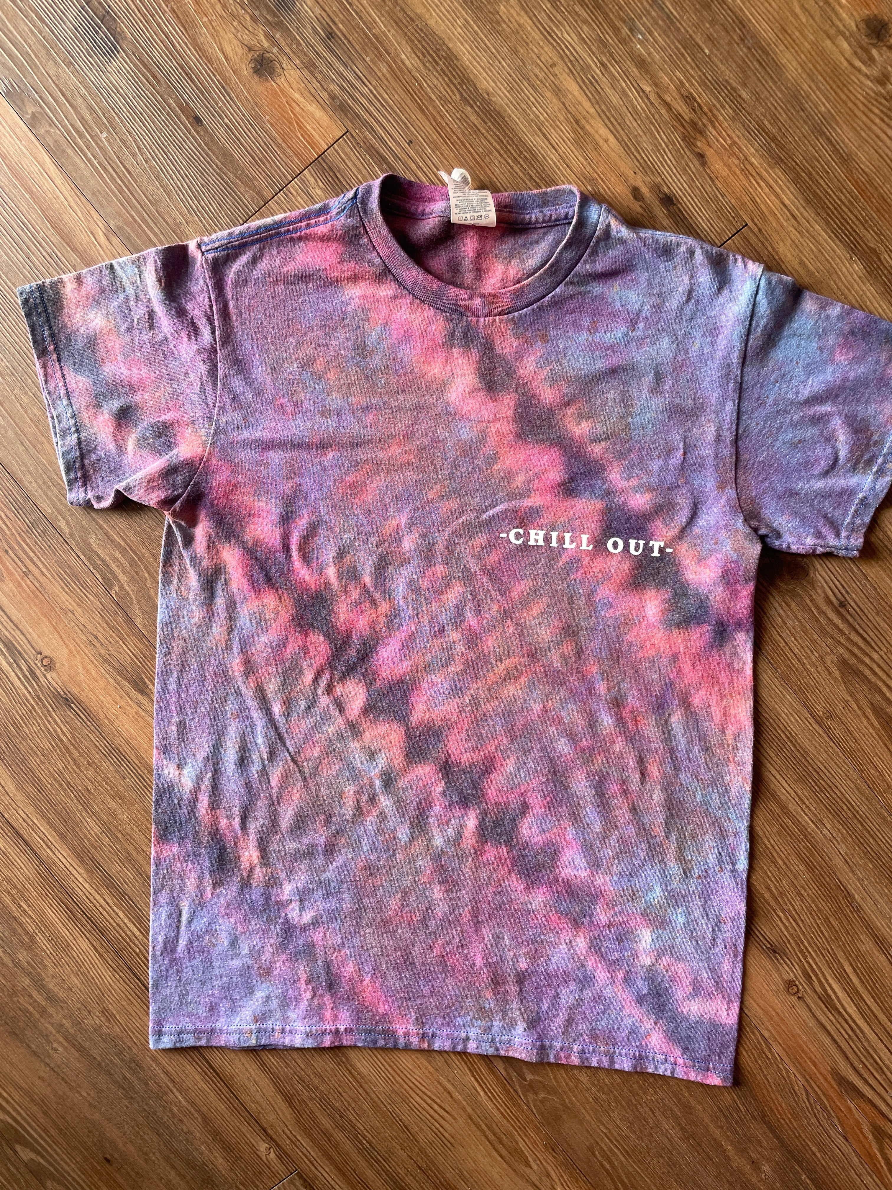 Small Men’s Chill Out Handmade Tie Dye T-Shirt | Blue, Purple, and Black Pleated Tie Dye Short Sleeve