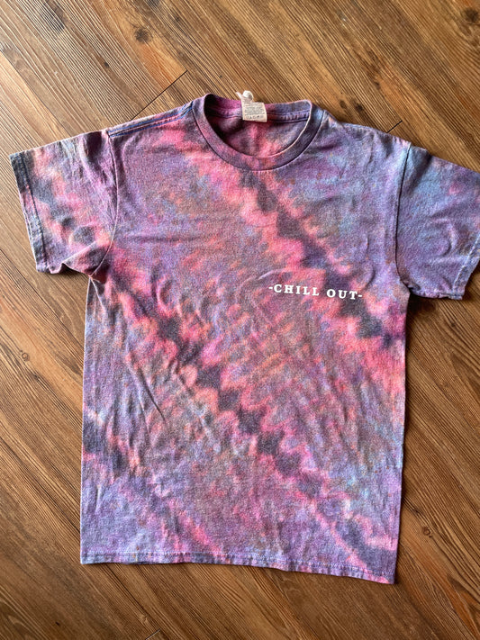 Small Men’s Chill Out Handmade Tie Dye T-Shirt | Blue, Purple, and Black Pleated Tie Dye Short Sleeve