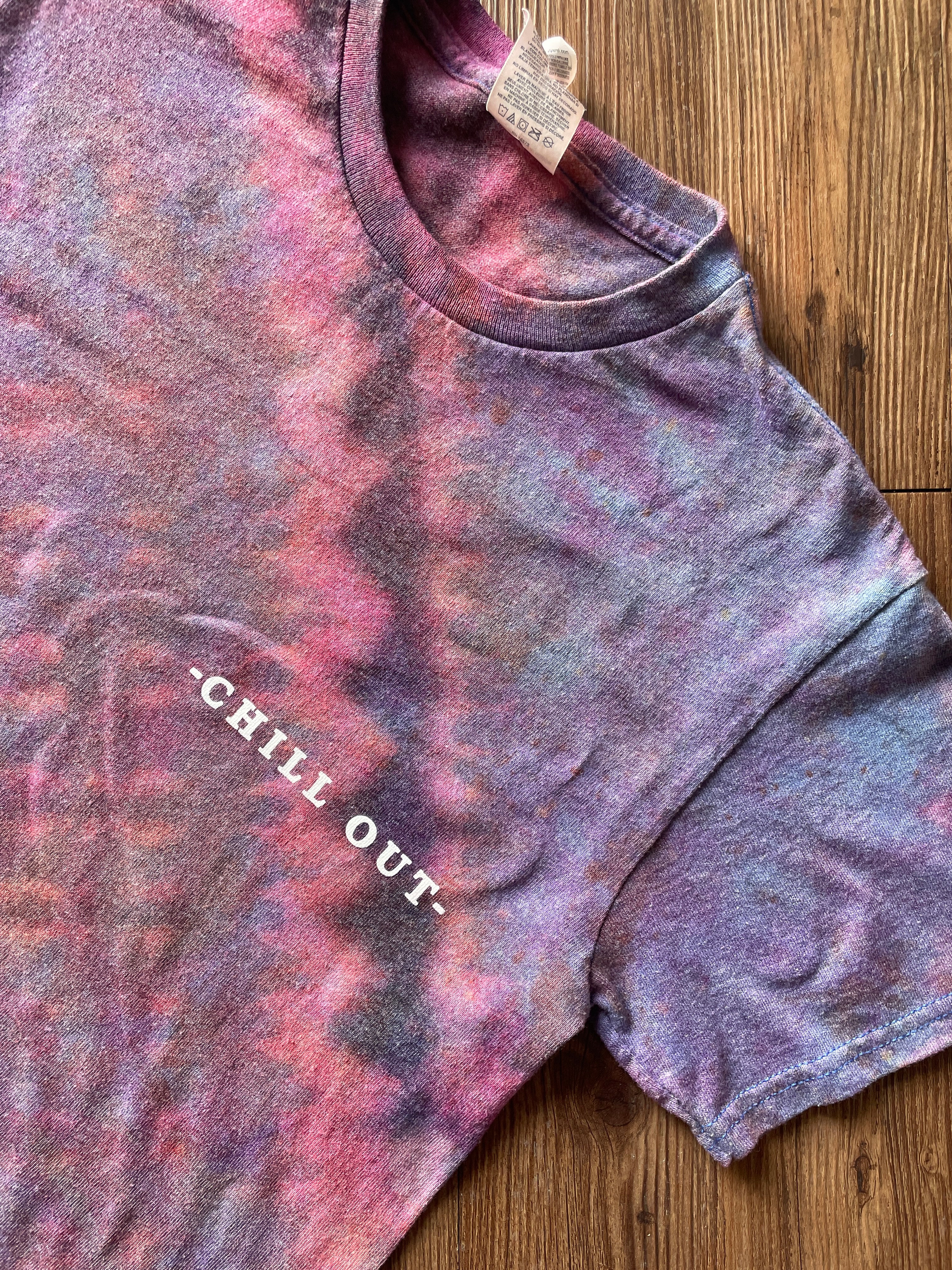 Small Men’s Chill Out Handmade Tie Dye T-Shirt | Blue, Purple, and Black Pleated Tie Dye Short Sleeve