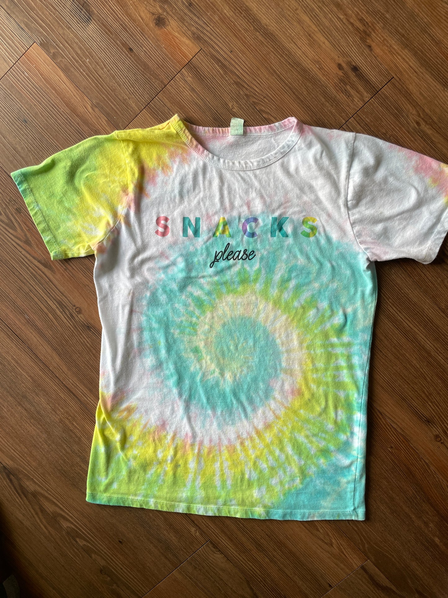 Large Women's Snacks Please Handmade Tie Dye T-Shirt | Pastel Yellow and Blue Spiral Tie Dye Short Sleeve