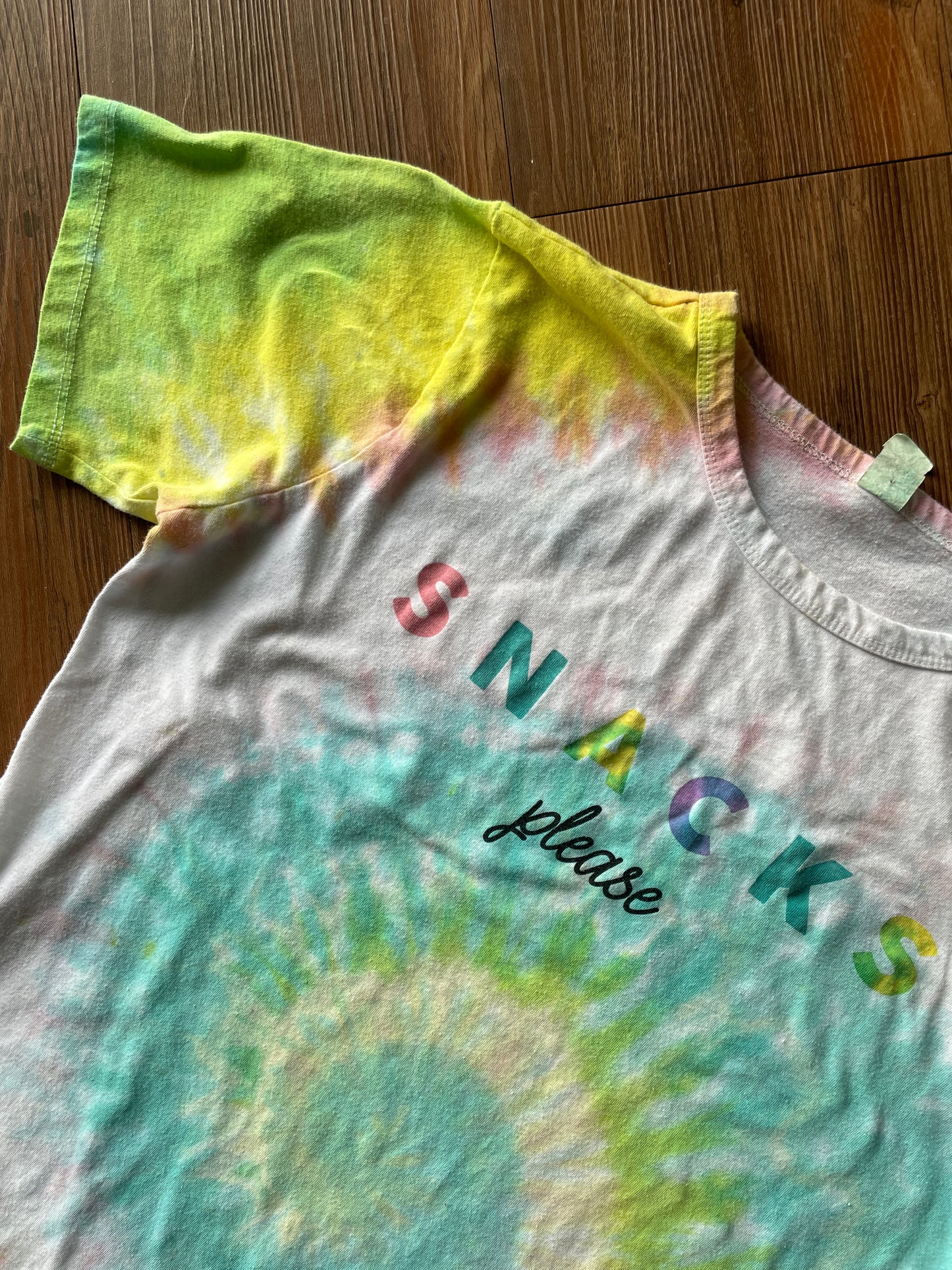 Large Women's Snacks Please Handmade Tie Dye T-Shirt | Pastel Yellow and Blue Spiral Tie Dye Short Sleeve