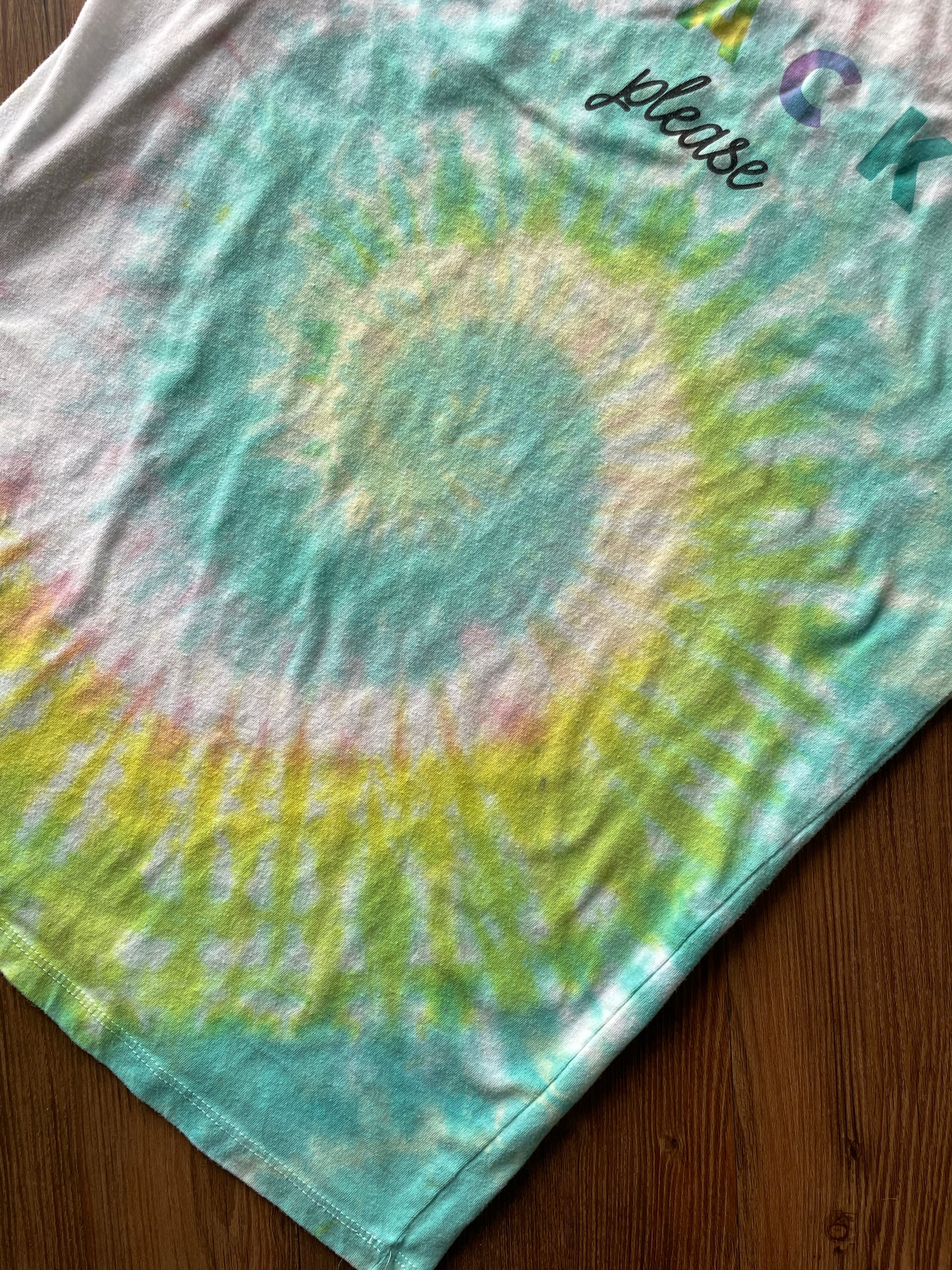 Large Women's Snacks Please Handmade Tie Dye T-Shirt | Pastel Yellow and Blue Spiral Tie Dye Short Sleeve