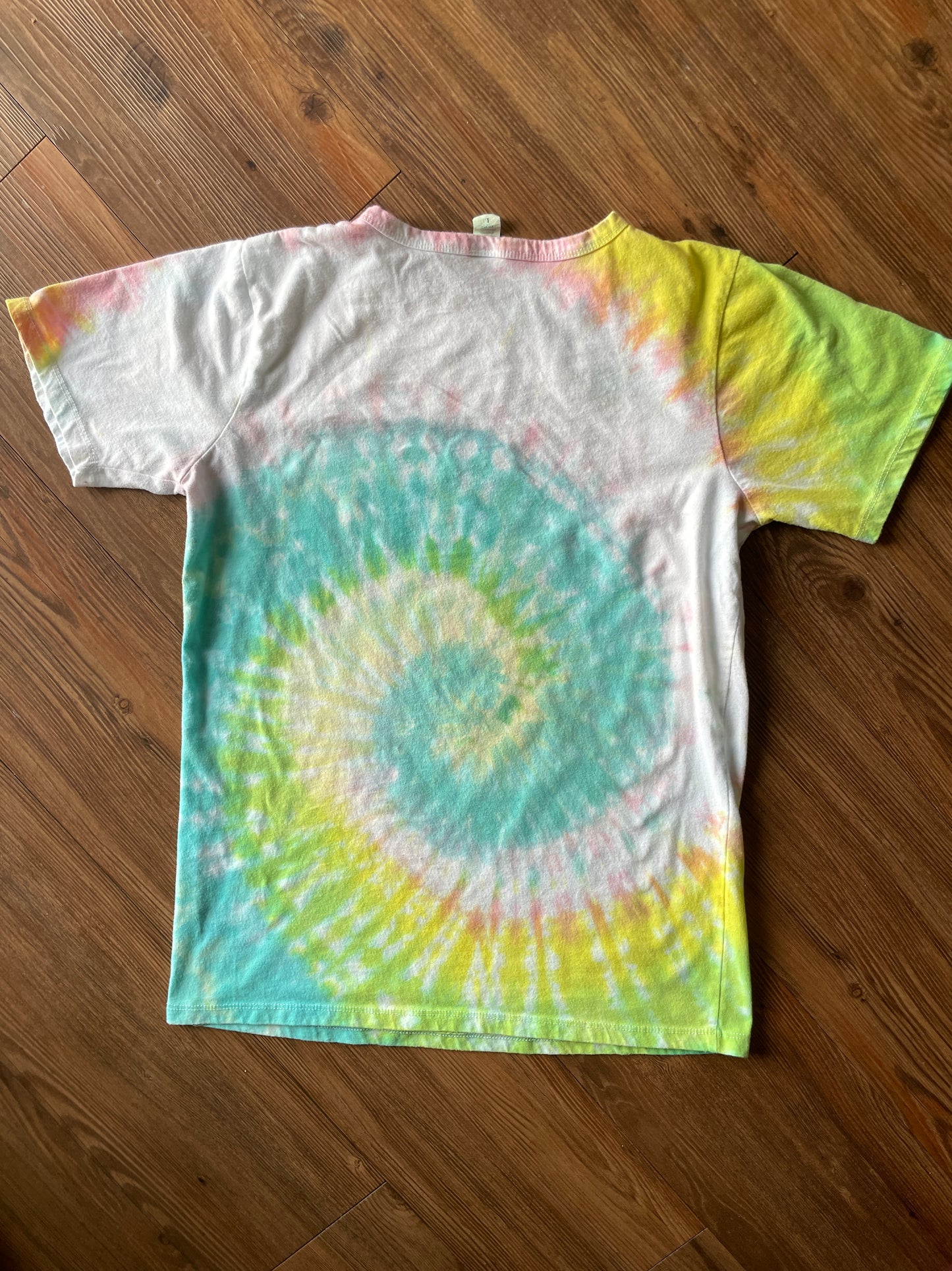 Large Women's Snacks Please Handmade Tie Dye T-Shirt | Pastel Yellow and Blue Spiral Tie Dye Short Sleeve