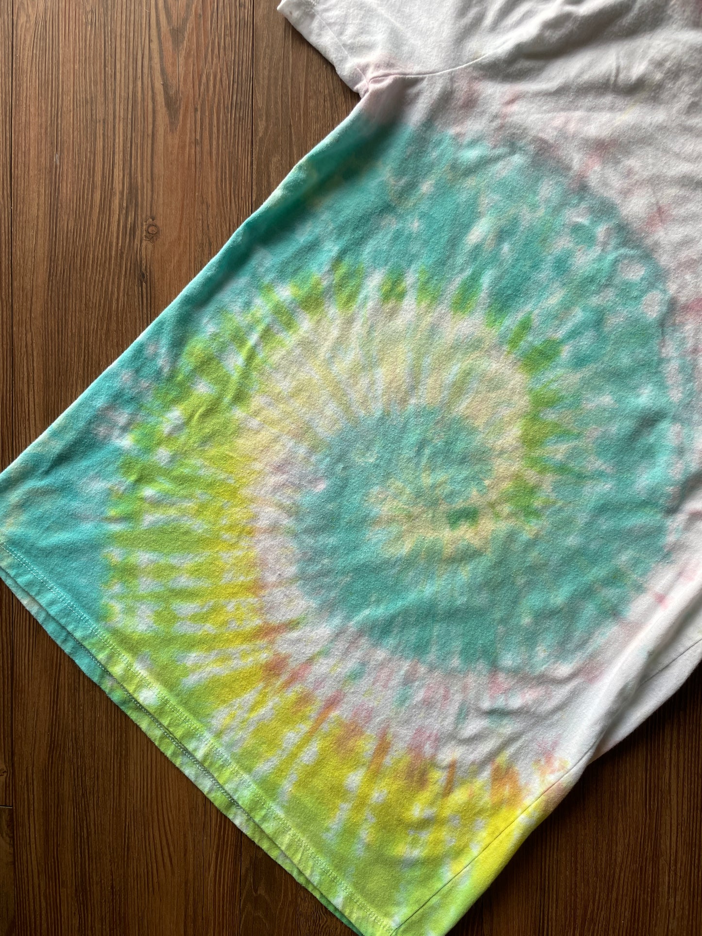 Large Women's Snacks Please Handmade Tie Dye T-Shirt | Pastel Yellow and Blue Spiral Tie Dye Short Sleeve