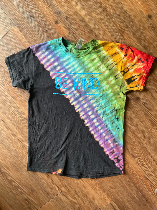 Medium Men’s Be Kind Handmade Tie Dye T-Shirt | Black and Rainbow Pleated Tie Dye Short Sleeve