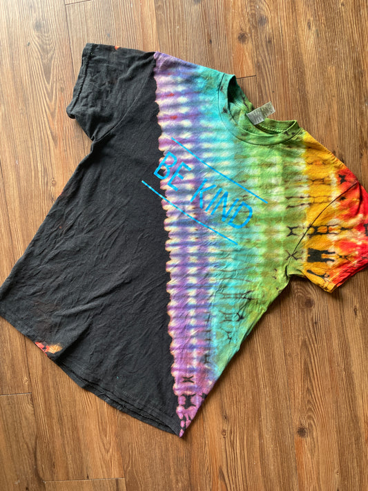 Medium Men’s Be Kind Handmade Tie Dye T-Shirt | Black and Rainbow Pleated Tie Dye Short Sleeve