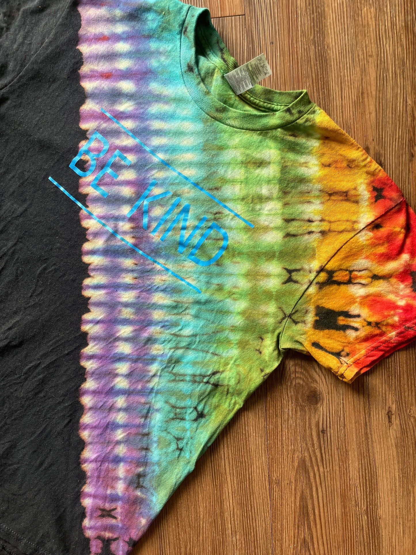 Medium Men’s Be Kind Handmade Tie Dye T-Shirt | Black and Rainbow Pleated Tie Dye Short Sleeve