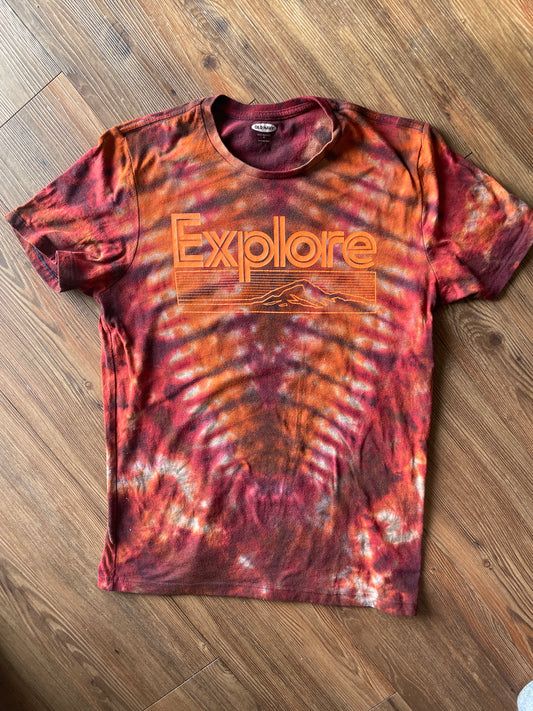 Medium Men’s Explore Mountains Handmade Tie Dye T-Shirt | Dark Red and Orange V-Pleated Tie Dye Short Sleeve