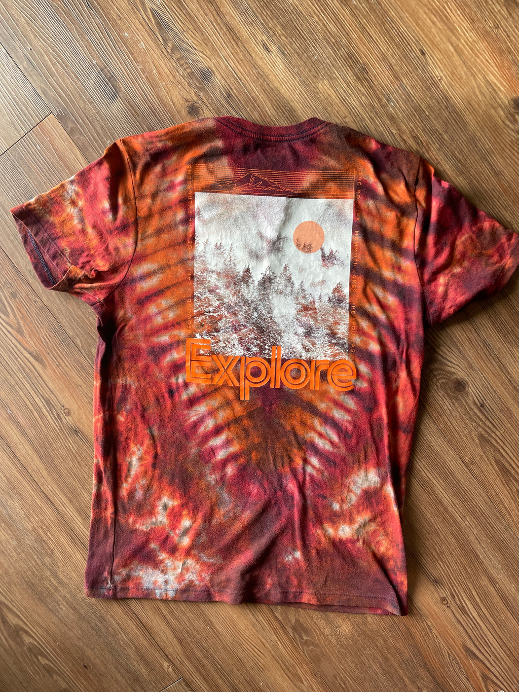 Medium Men’s Explore Mountains Handmade Tie Dye T-Shirt | Dark Red and Orange V-Pleated Tie Dye Short Sleeve