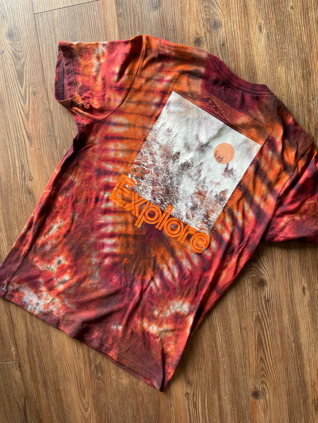 Medium Men’s Explore Mountains Handmade Tie Dye T-Shirt | Dark Red and Orange V-Pleated Tie Dye Short Sleeve