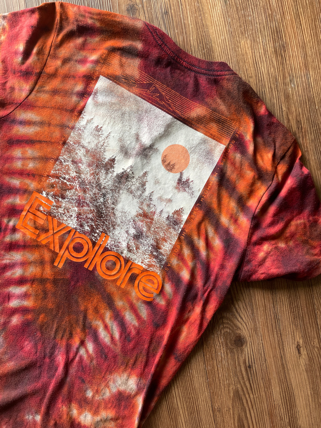 Medium Men’s Explore Mountains Handmade Tie Dye T-Shirt | Dark Red and Orange V-Pleated Tie Dye Short Sleeve