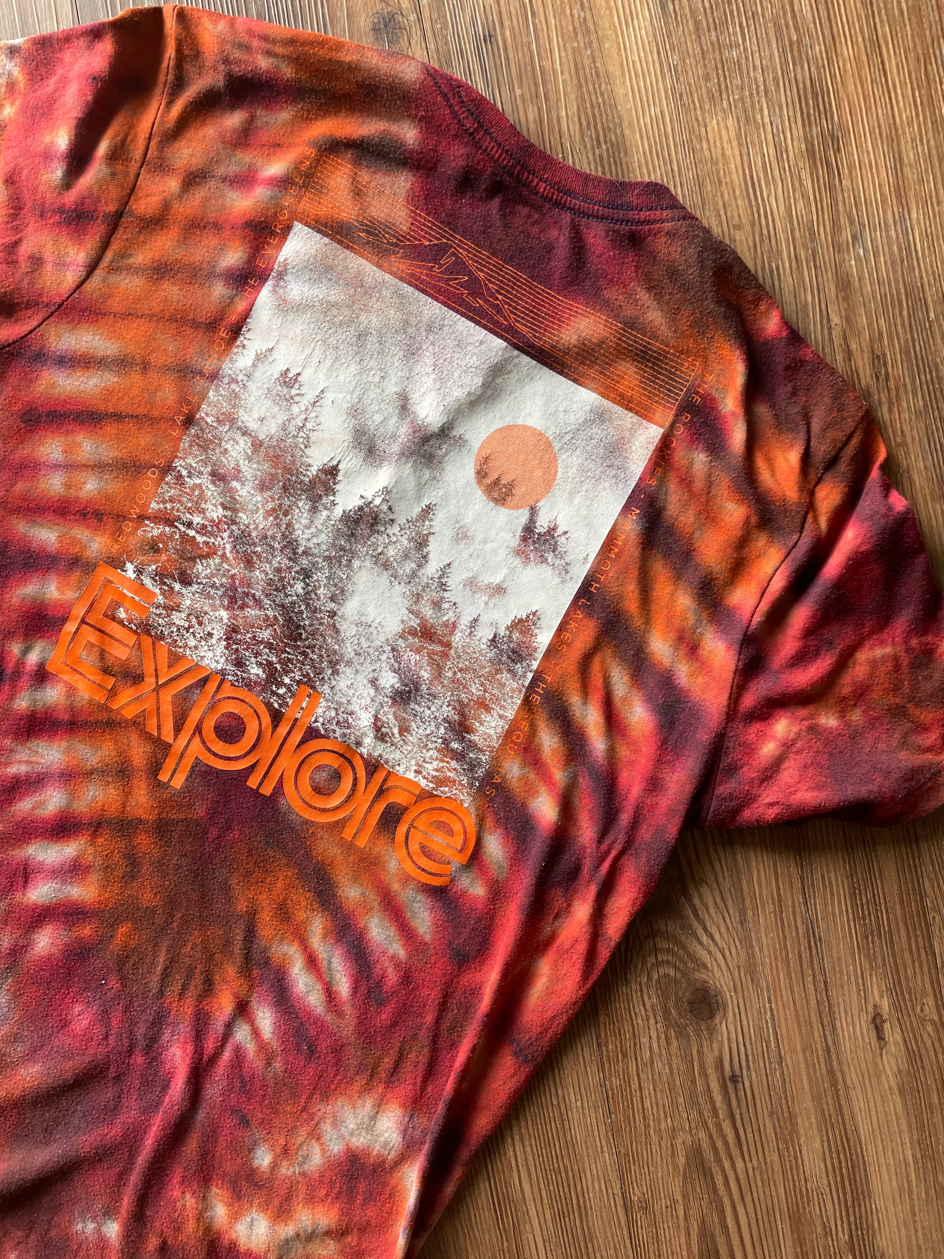 Medium Men’s Explore Mountains Handmade Tie Dye T-Shirt | Dark Red and Orange V-Pleated Tie Dye Short Sleeve