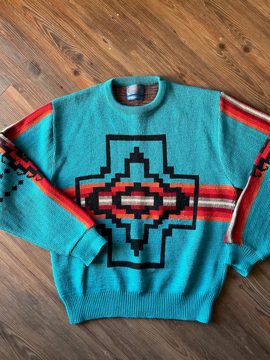 Men’s Large 1980s Pendleton High Grade Western Wear Turquoise Wool Pullover Sweater