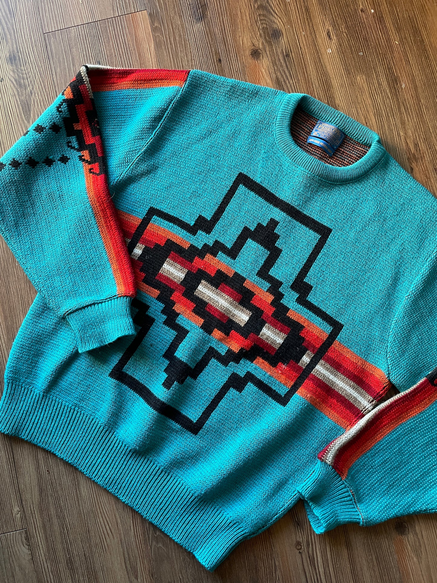Men’s Large 1980s Pendleton High Grade Western Wear Turquoise Wool Pullover Sweater