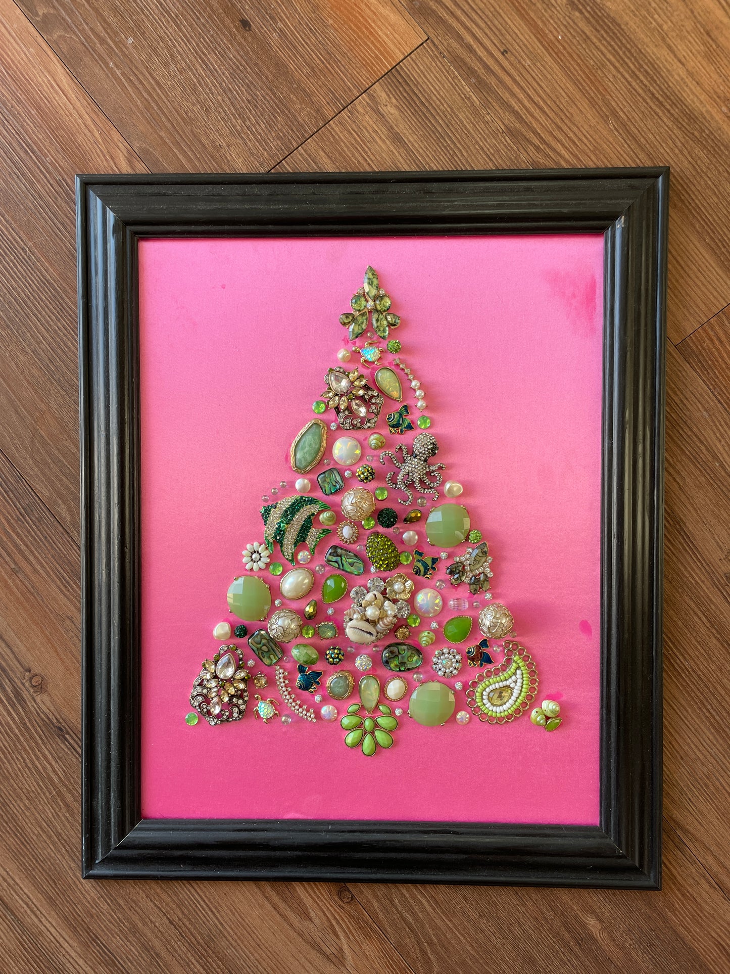 Pink, Green, and Black Framed Jewelry Christmas Tree Handmade with Over 50 Pieces of Vintage & Upcycled Jewelry