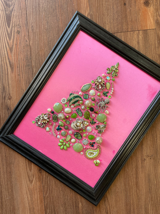 Pink, Green, and Black Framed Jewelry Christmas Tree Handmade with Over 50 Pieces of Vintage & Upcycled Jewelry