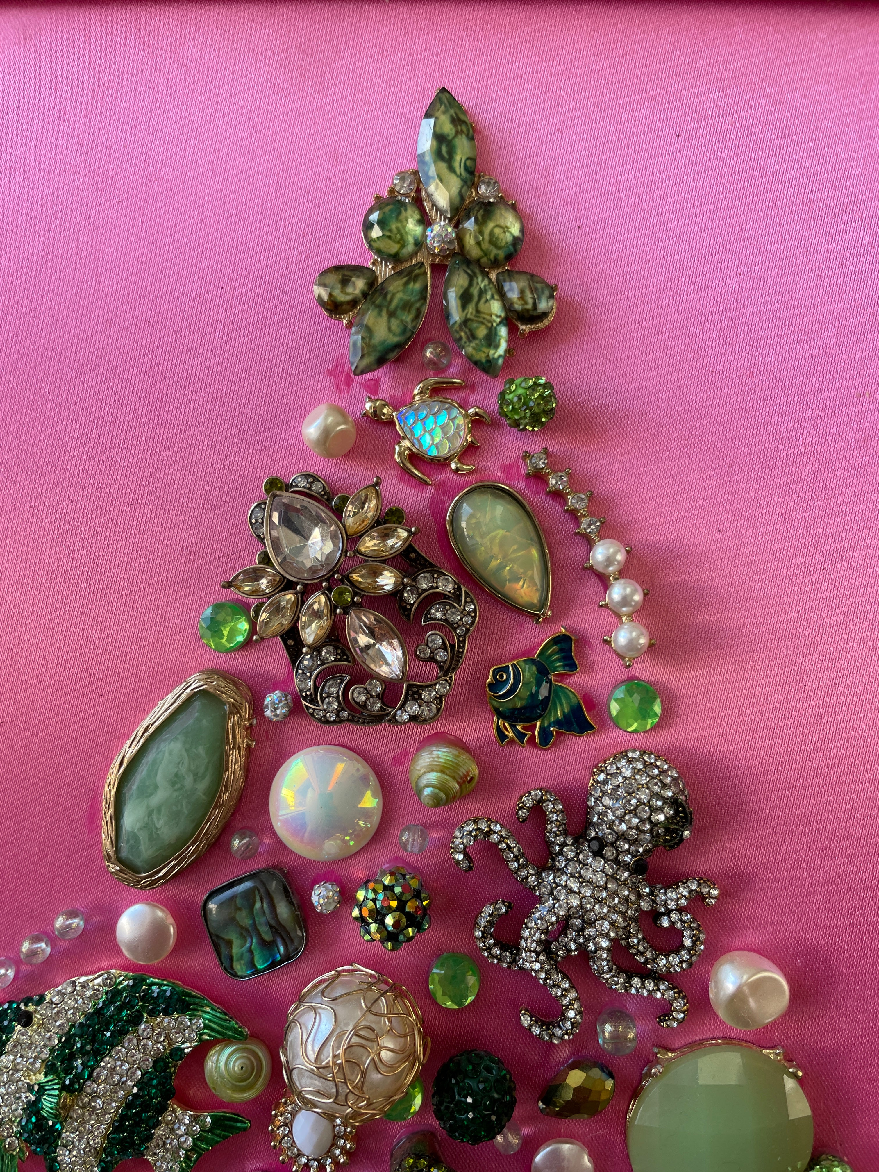 Pink, Green, and Black Framed Jewelry Christmas Tree Handmade with Over 50 Pieces of Vintage & Upcycled Jewelry
