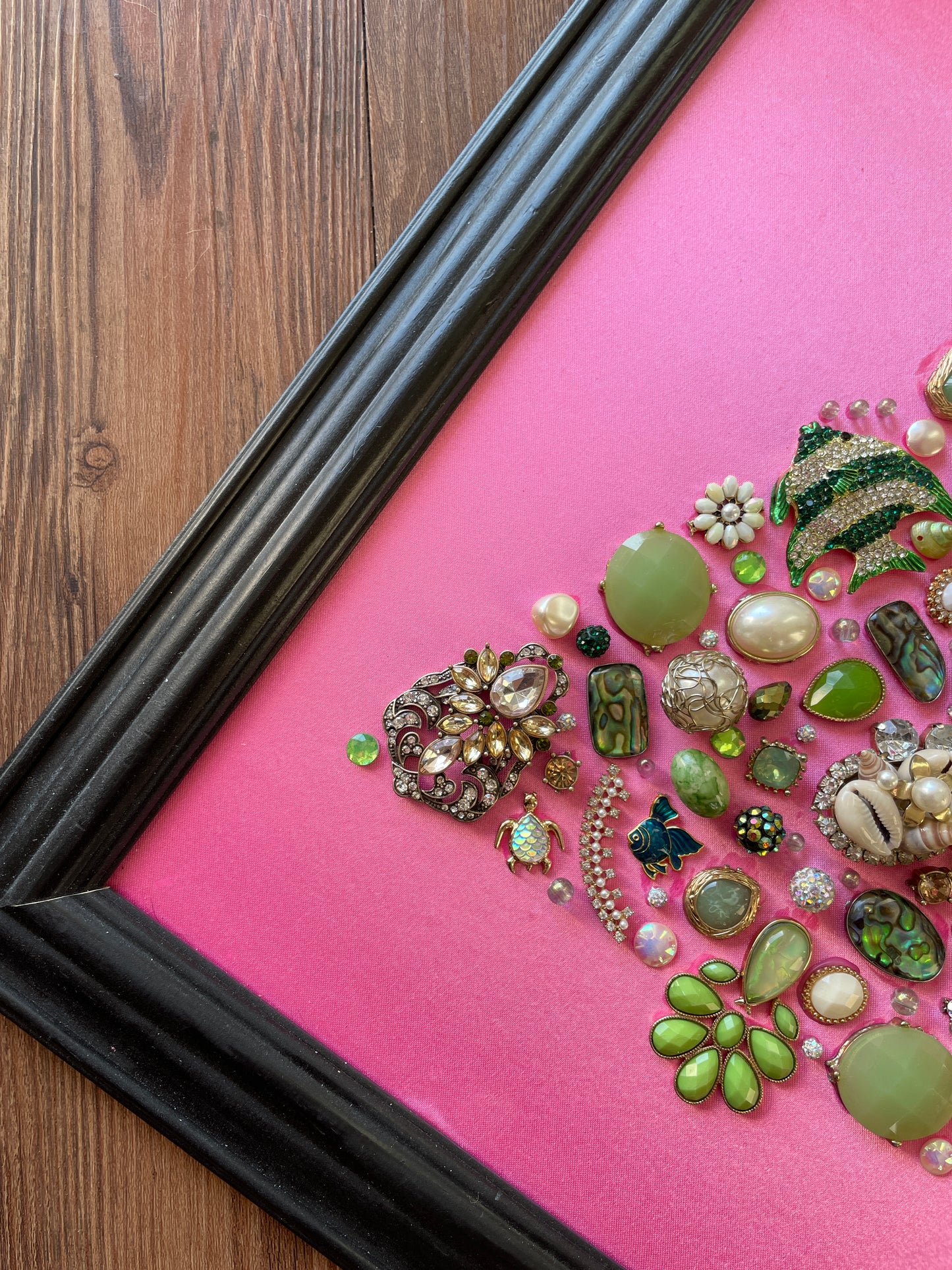 Pink, Green, and Black Framed Jewelry Christmas Tree Handmade with Over 50 Pieces of Vintage & Upcycled Jewelry