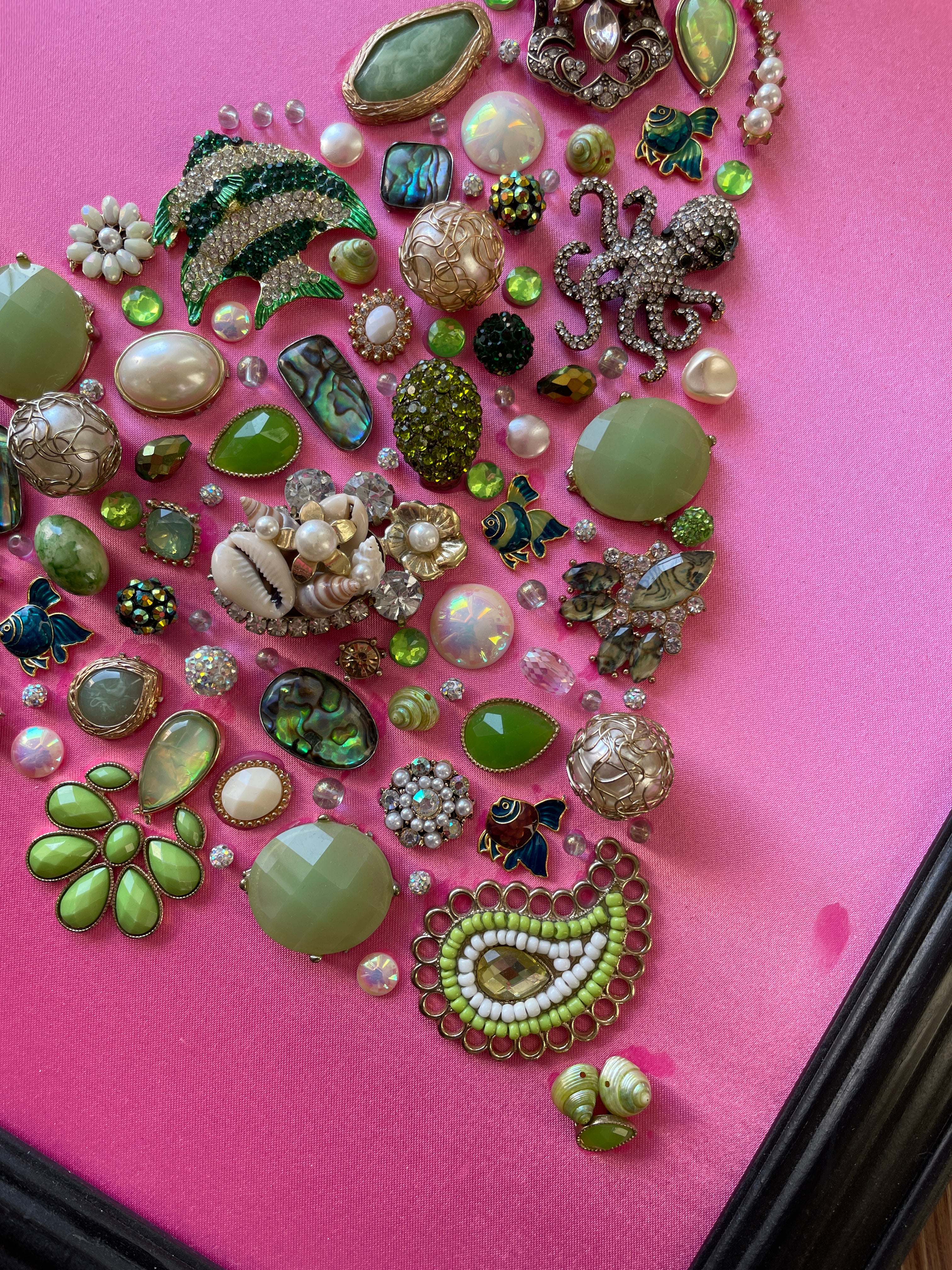 Pink, Green, and Black Framed Jewelry Christmas Tree Handmade with Over 50 Pieces of Vintage & Upcycled Jewelry