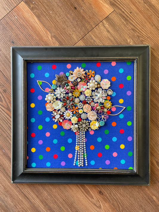 Multicolor Floral Polka Dot Framed Jewelry Tree Handmade with Over 50 Pieces of Vintage & Upcycled Jewelry