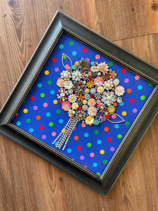 Multicolor Floral Polka Dot Framed Jewelry Tree Handmade with Over 50 Pieces of Vintage & Upcycled Jewelry