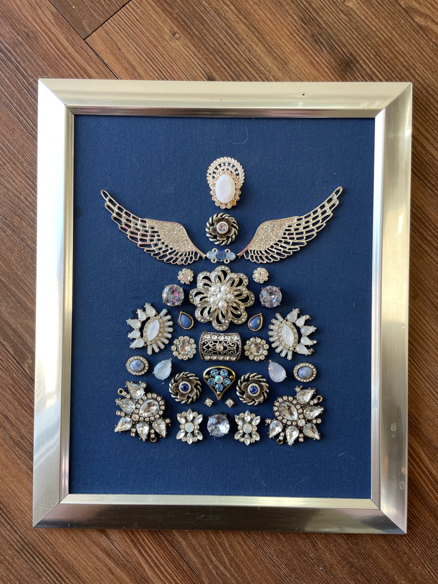 Blue and Silver Framed Jewelry Angel Christmas Tree Handmade with Over 25 Pieces of Vintage & Upcycled Jewelry