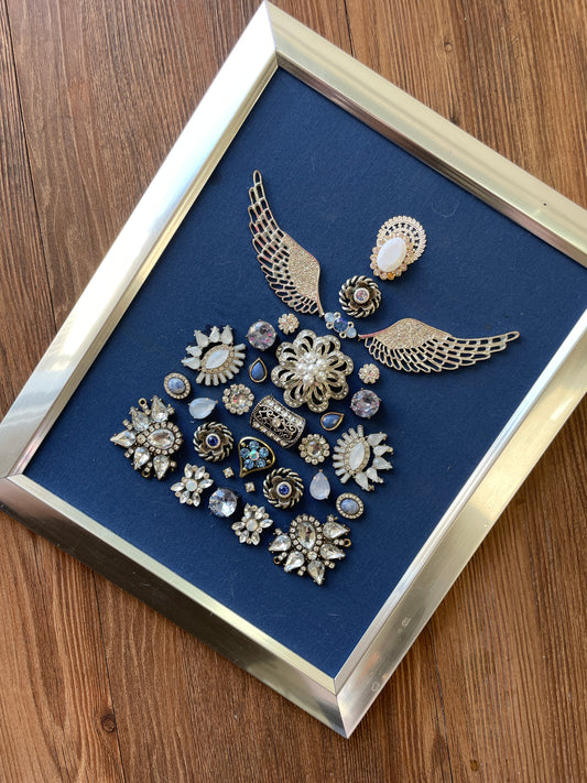 Blue and Silver Framed Jewelry Angel Christmas Tree Handmade with Over 25 Pieces of Vintage & Upcycled Jewelry