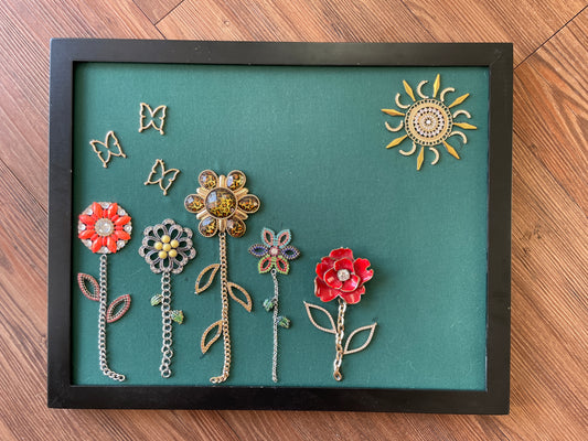 Green and Gold Framed Floral Jewelry Handmade with Over 20 Pieces of Vintage & Upcycled Jewelry